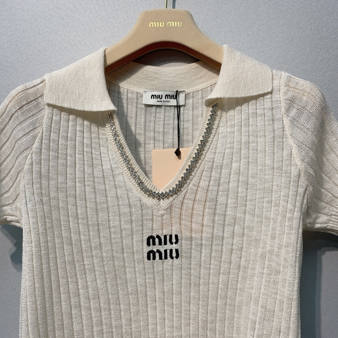 MiuMiu 2026 Knit Polo Shirt Cream Wool 370201
