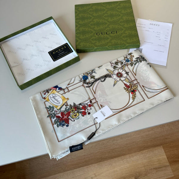 GG Signature Floral Scarf 90CM Cream Muticolor Twill Mulberry Silk 280661