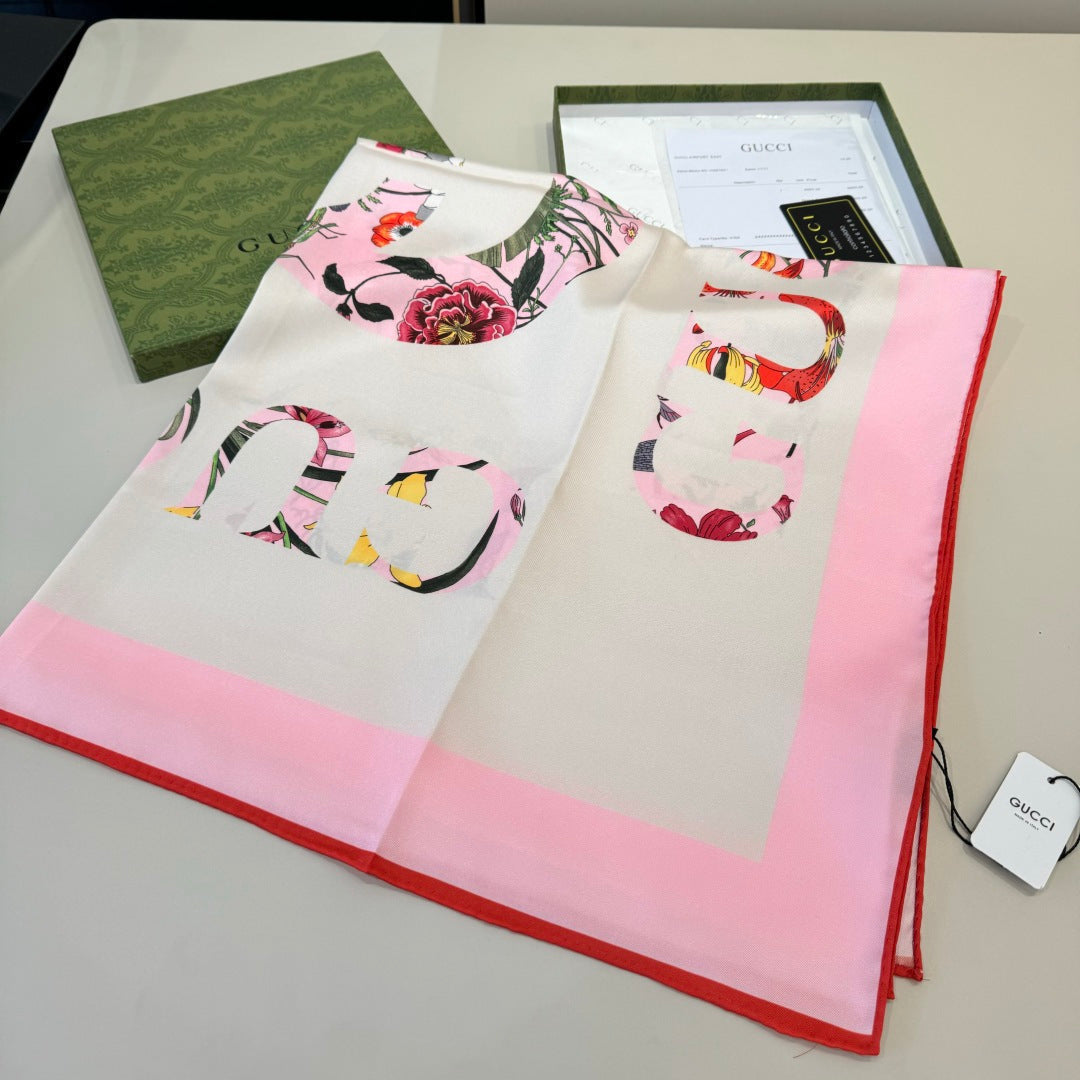 GG Signature Floral Scarf 90CM  White Pink  Twill Silk 280696