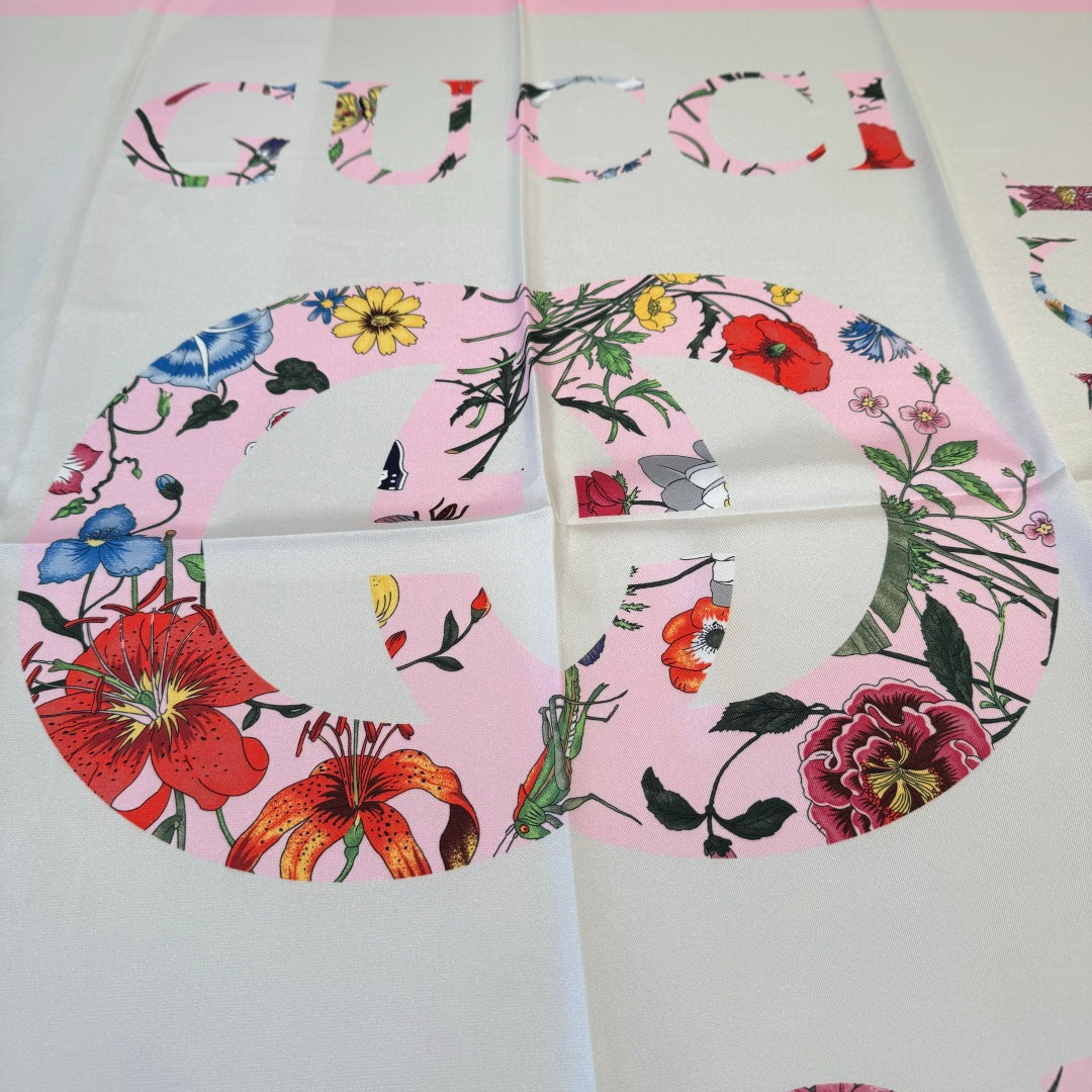 GG Signature Floral Scarf 90CM  White Pink  Twill Silk 280696