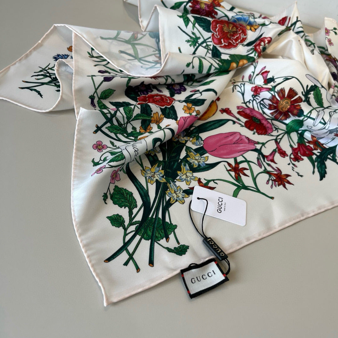 GG Scarf 90CM  White Multi-Colored Floral Mulberry Silk 286774