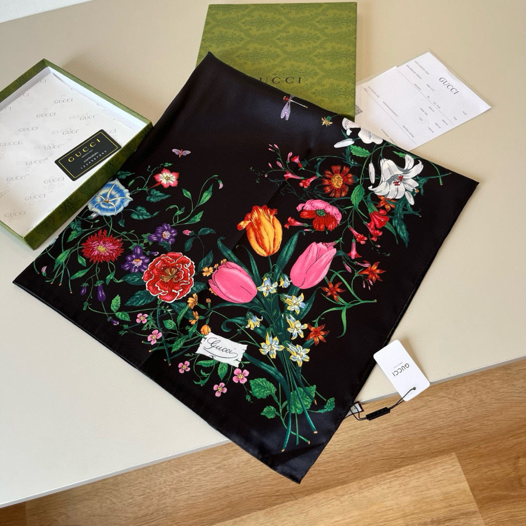 GG Scarf 90CM  Multi-Colored Floral Mulberry Silk 286775