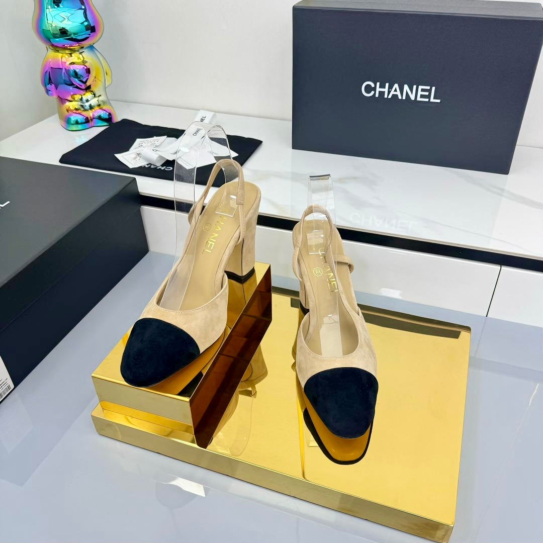 Chanel Slingback 90mm Light Beige Black Suede 469669
