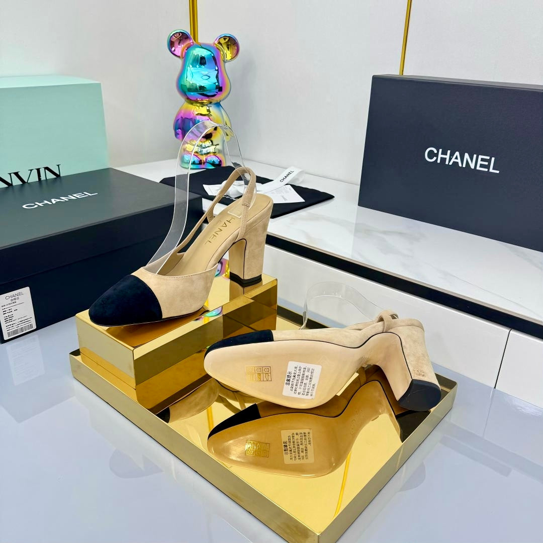 Chanel Slingback 90mm Light Beige Black Suede 469669