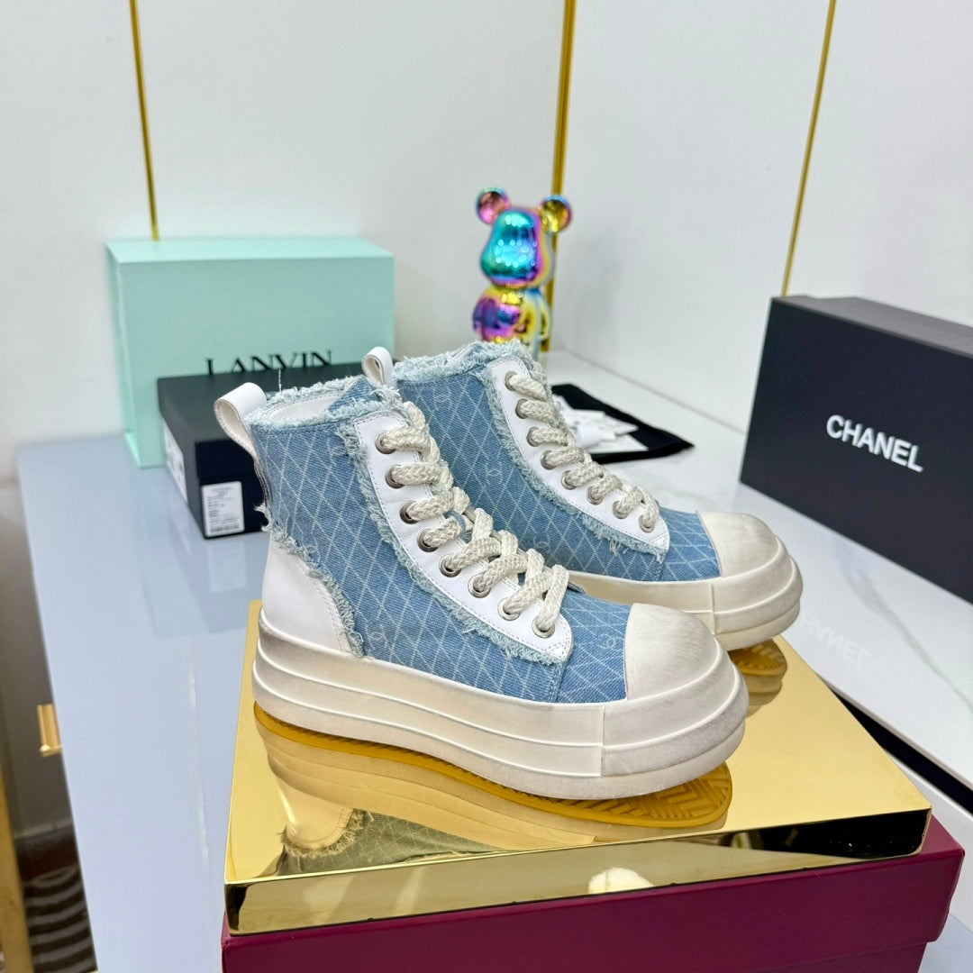 Chanel 25 High Sneaker Light Blue White Cowhide Denim Frabic 469780
