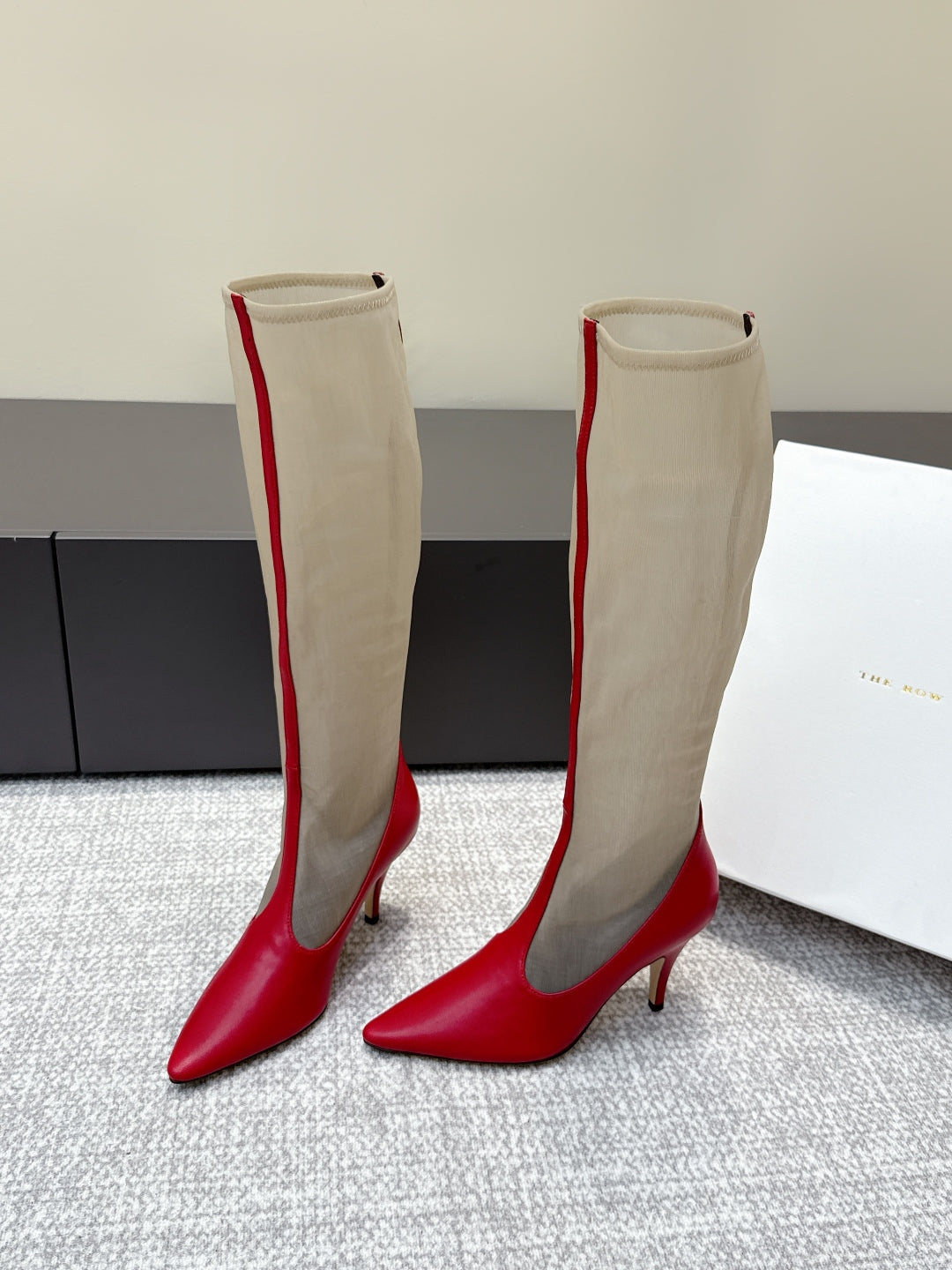 The Row White Mesh Red Leather Knee Boot