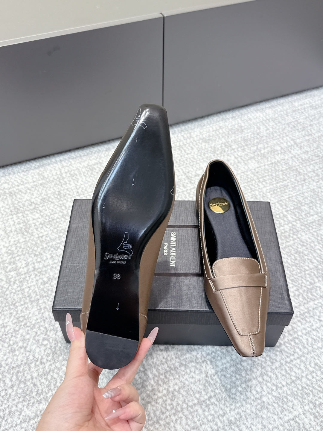 YSL 26ss Square Toe Loafers Taupe Satin Leather