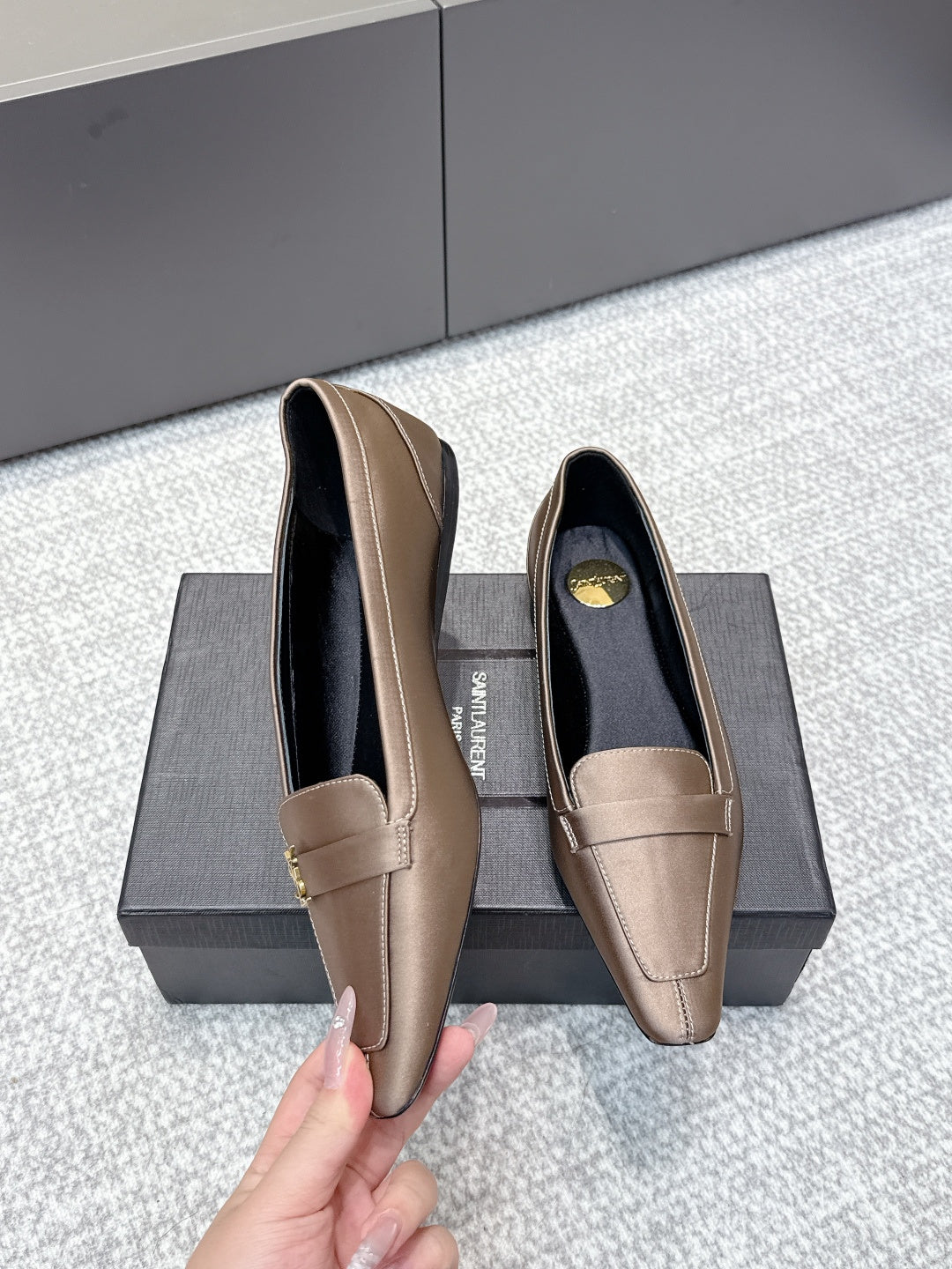 YSL 26ss Square Toe Loafers Taupe Satin Leather