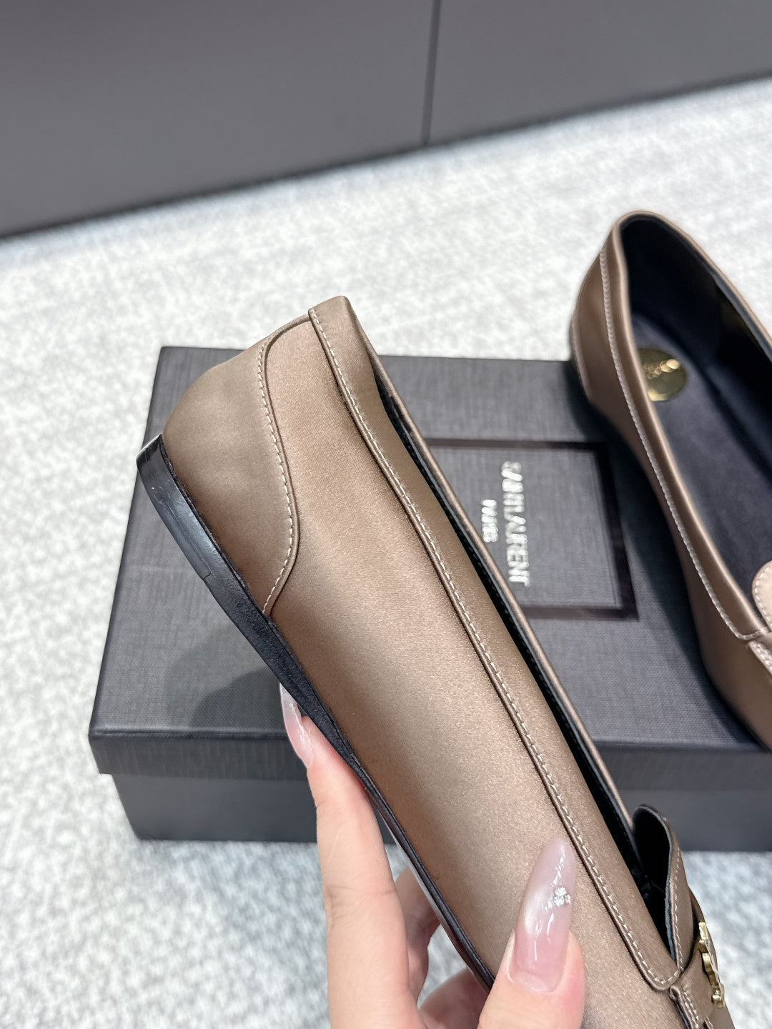 YSL 26ss Square Toe Loafers Taupe Satin Leather