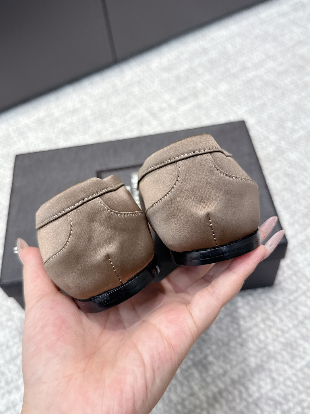 YSL 26ss Square Toe Loafers Taupe Satin Leather