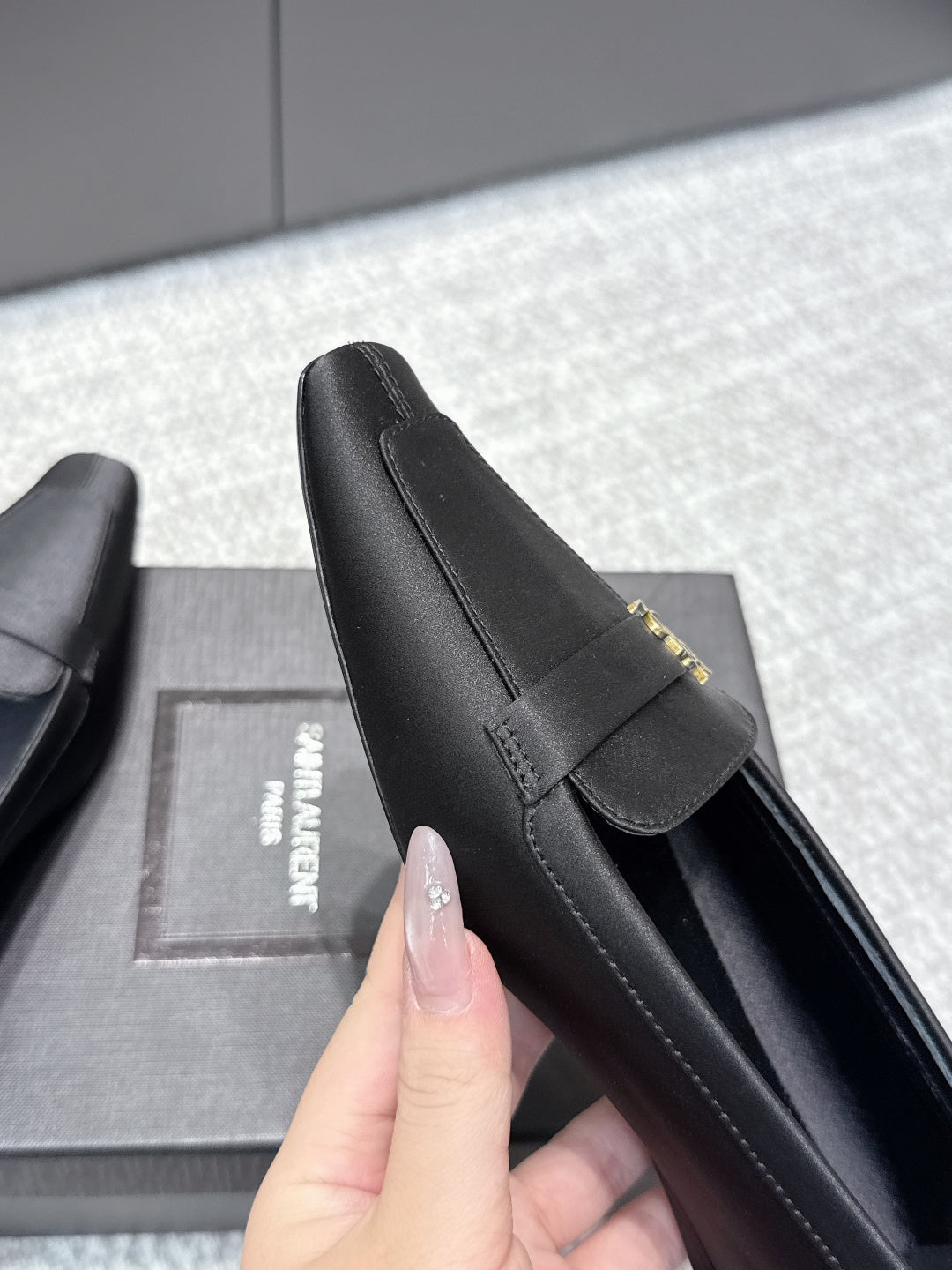 YSL 26ss Square Toe Loafers Taupe Satin Leather