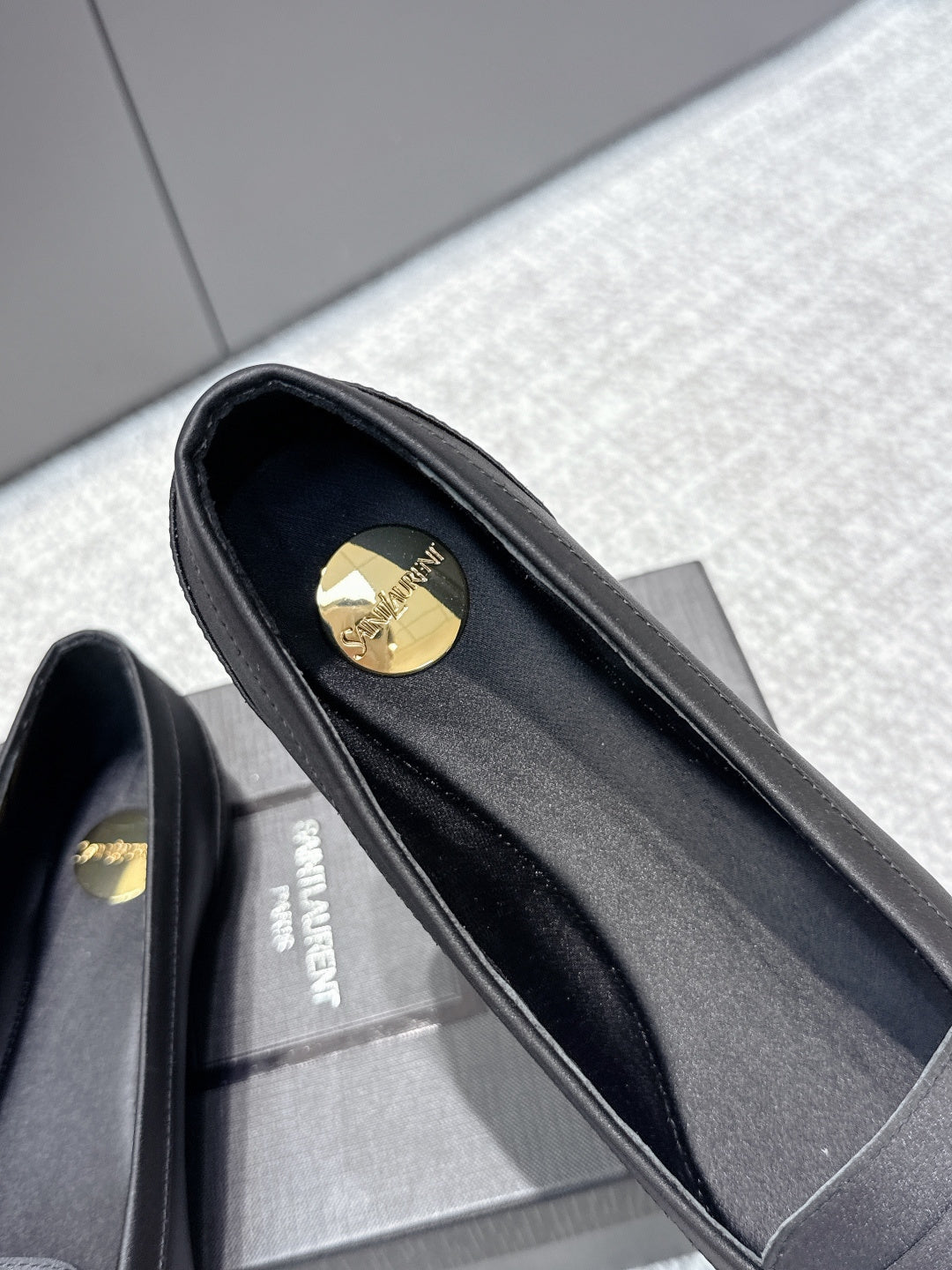YSL 26ss Square Toe Loafers Taupe Satin Leather