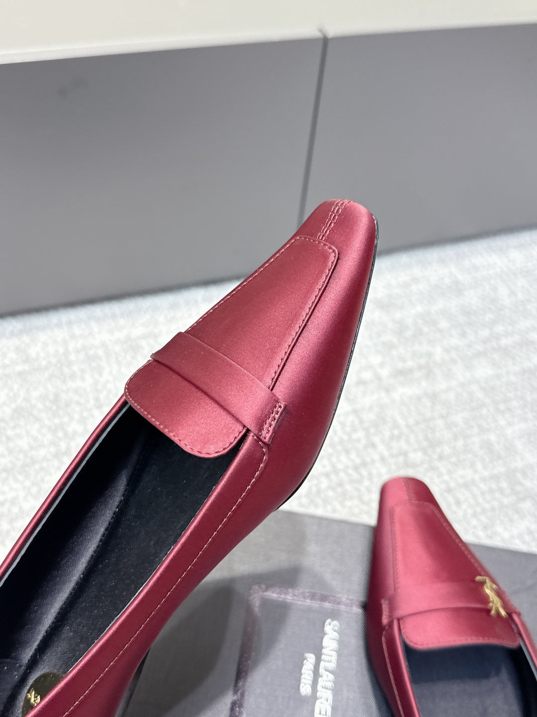 YSL 26ss Square Toe Loafers Taupe Satin Leather