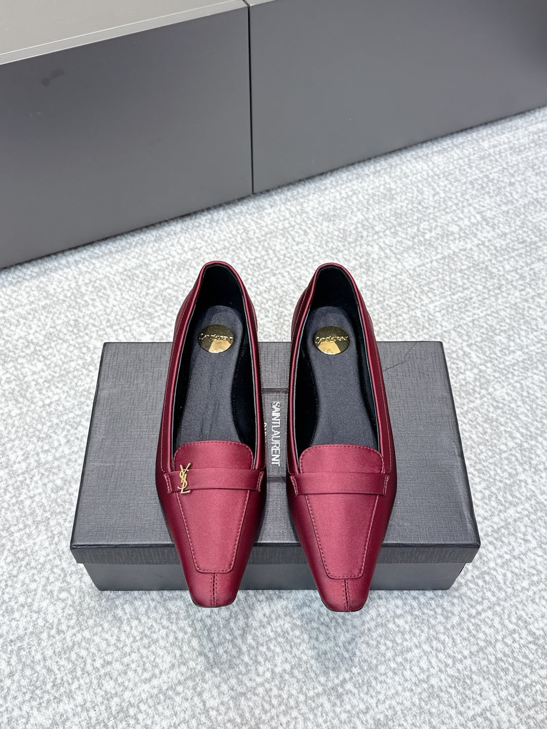 YSL 26ss Square Toe Loafers Taupe Satin Leather