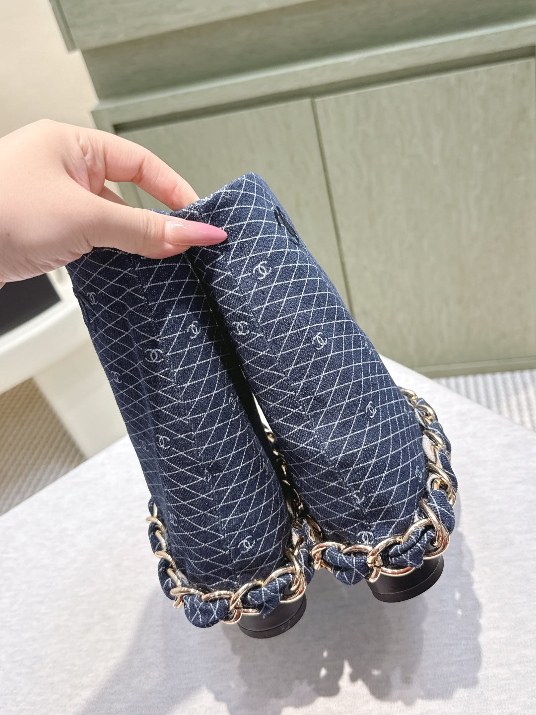 CC 25 Short Boot Navy Blue Black Denim Fabric Calfskin 515266