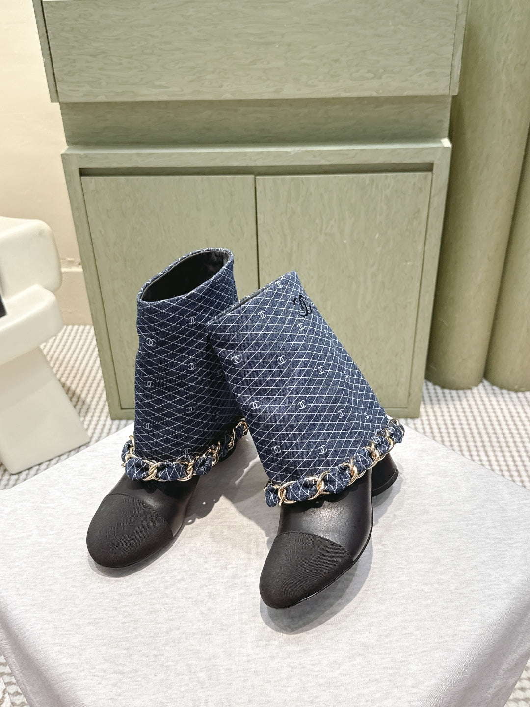 CC 25 Short Boot Navy Blue Black Denim Fabric Calfskin 515266