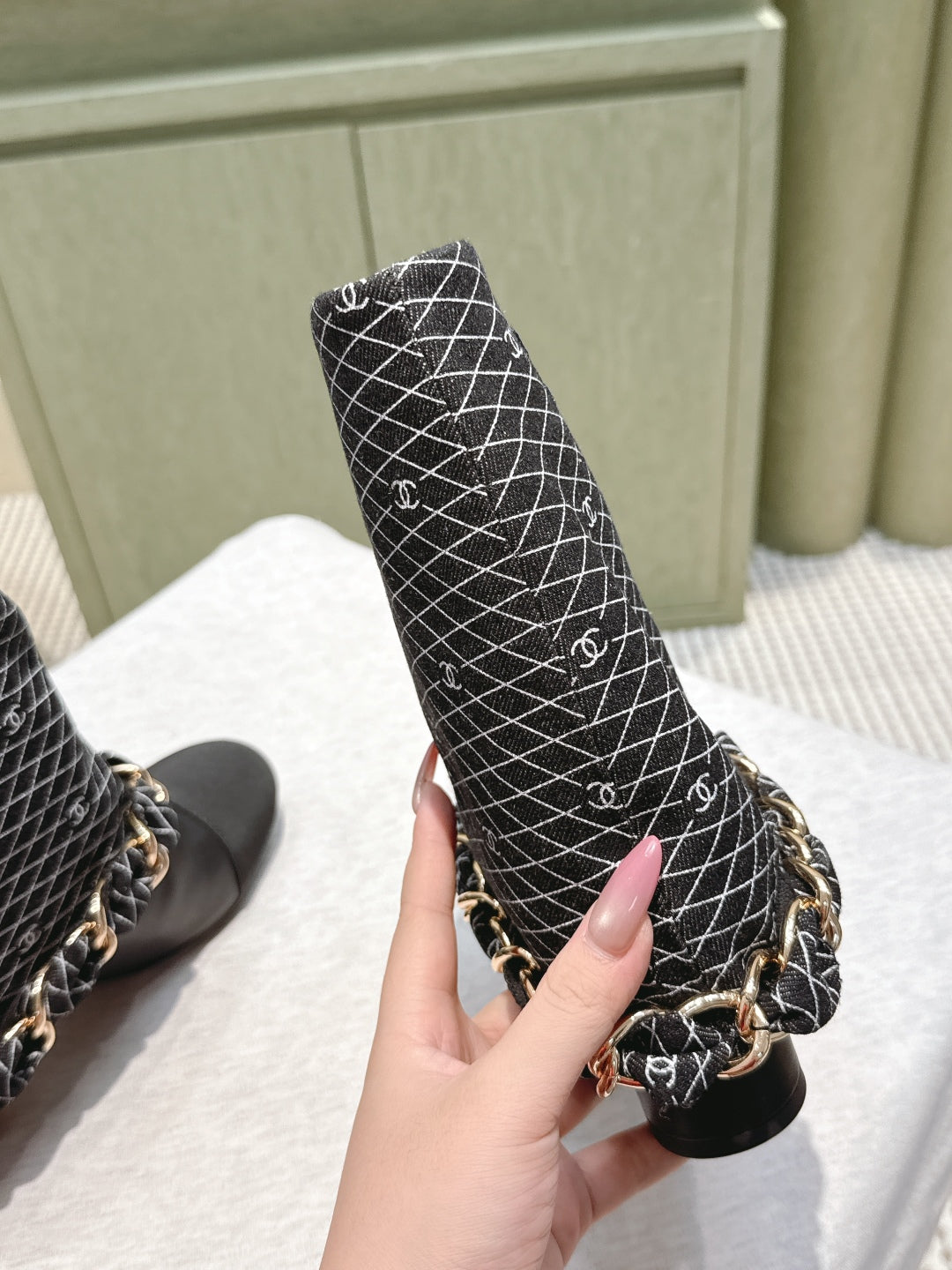 CC 25 Short Boot Black Denim Fabric Calfskin 515267