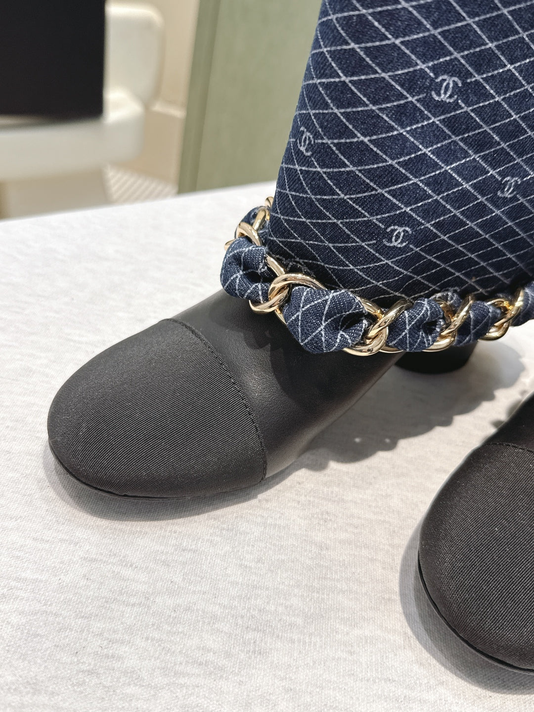 CC 25 Long Boot Navy Blue Black Denim Fabric Calfskin 515273