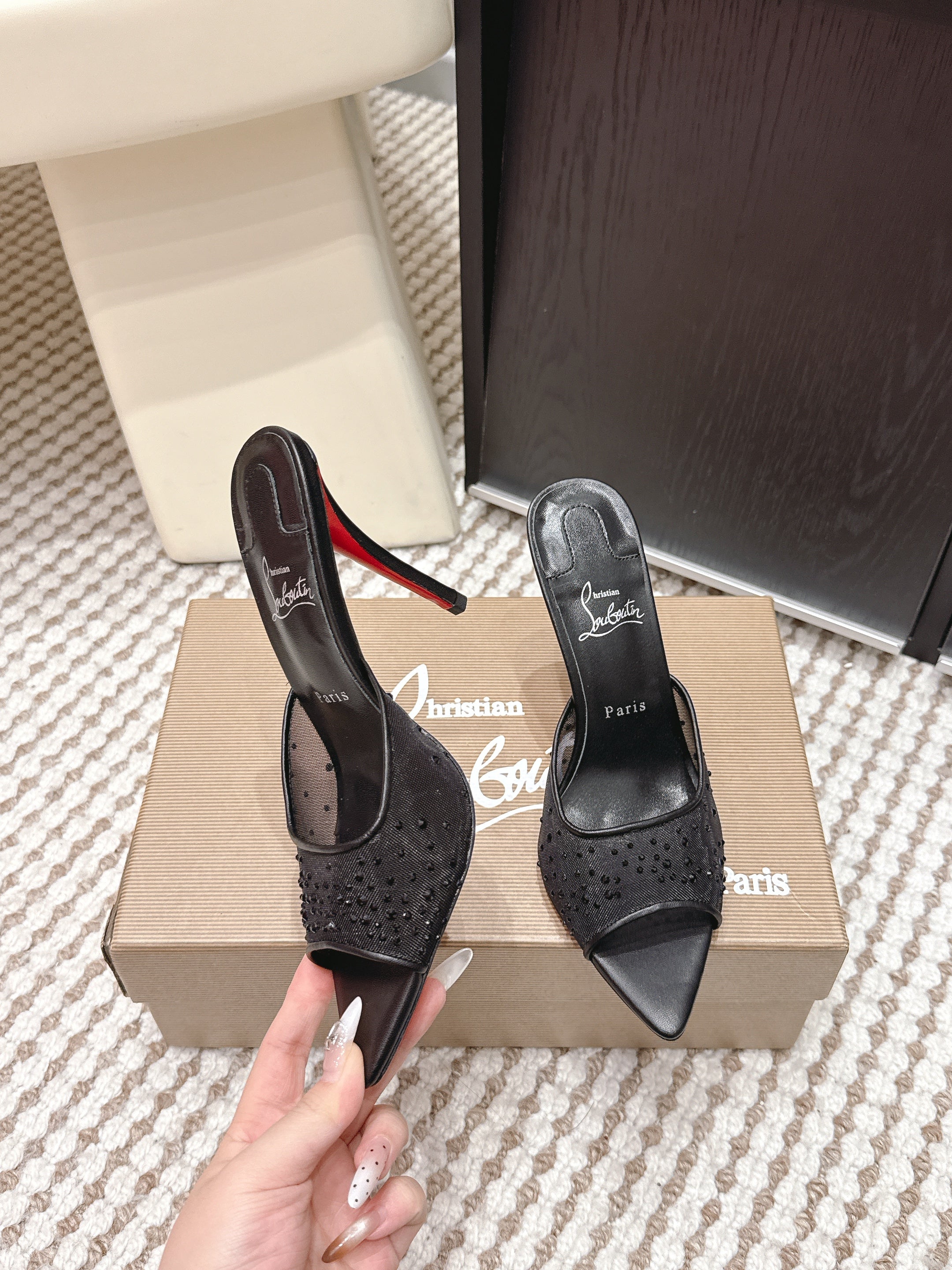 CL 26SS High-Heeled Slippers 100 Black Mesh Rhinestone Leather 658054