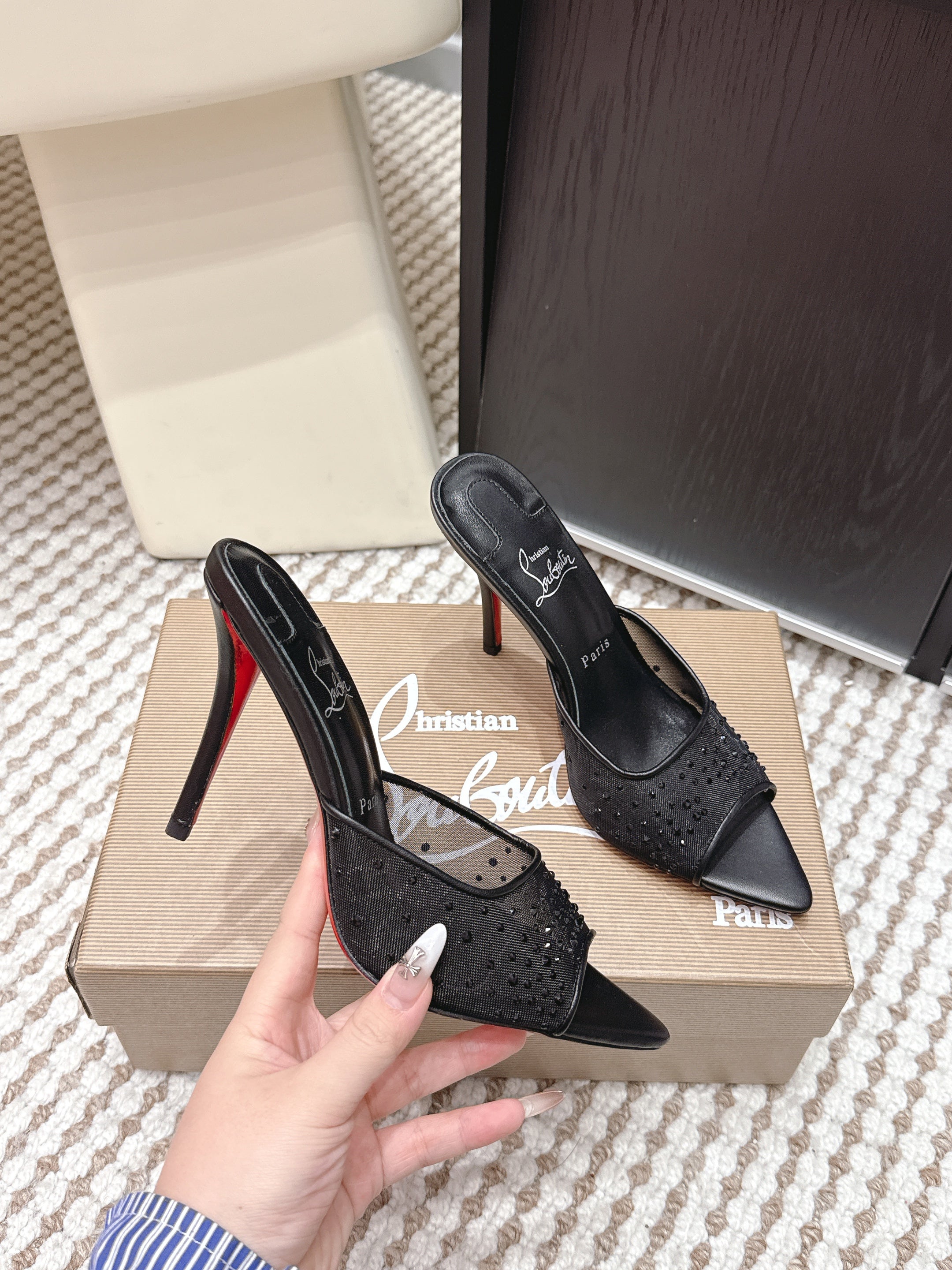 CL 26SS High-Heeled Slippers 100 Black Mesh Rhinestone Leather 658054