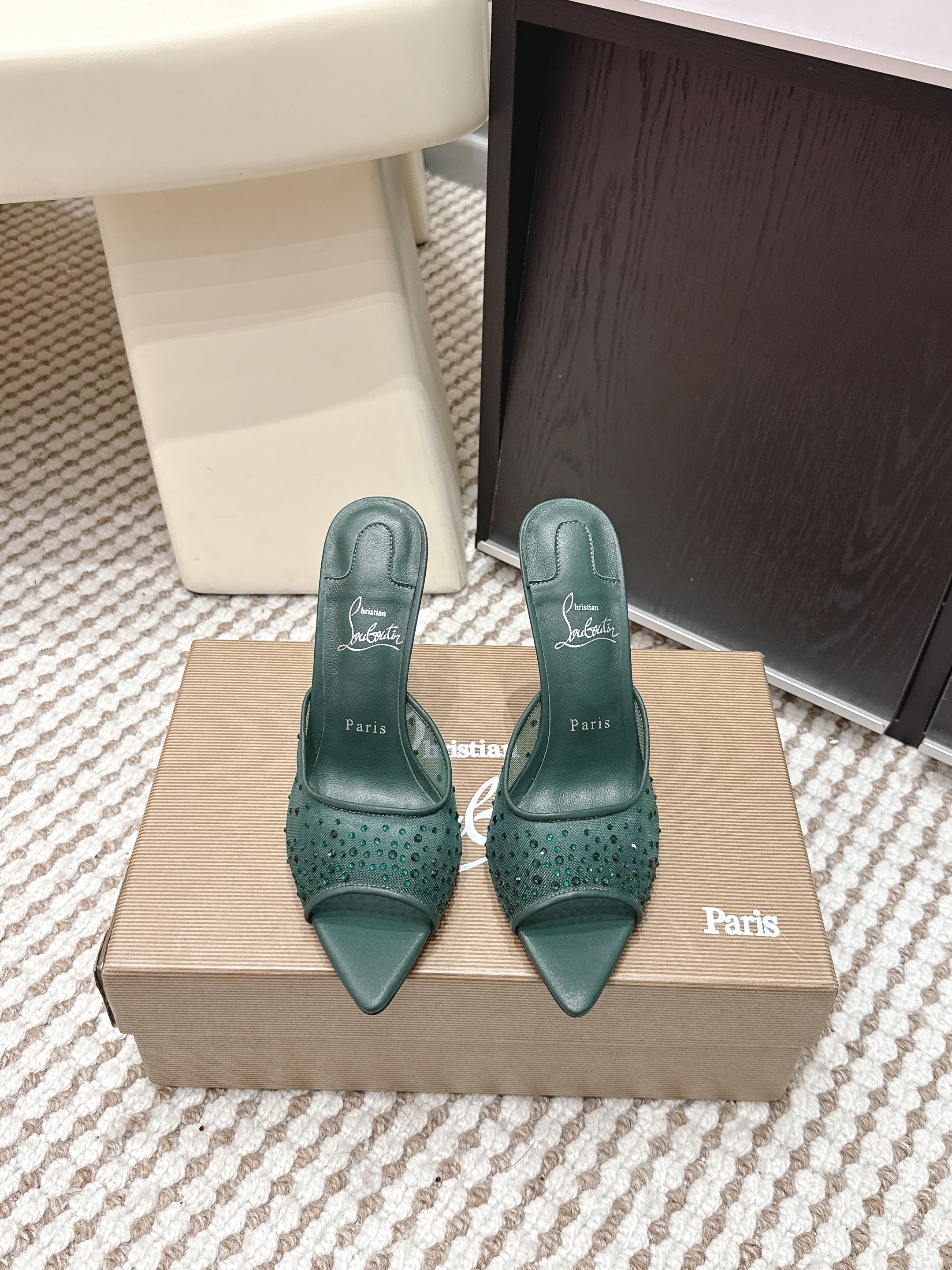 CL 26SS High-Heeled Slippers 100 Emerald Green Mesh Rhinestone Leather 658056