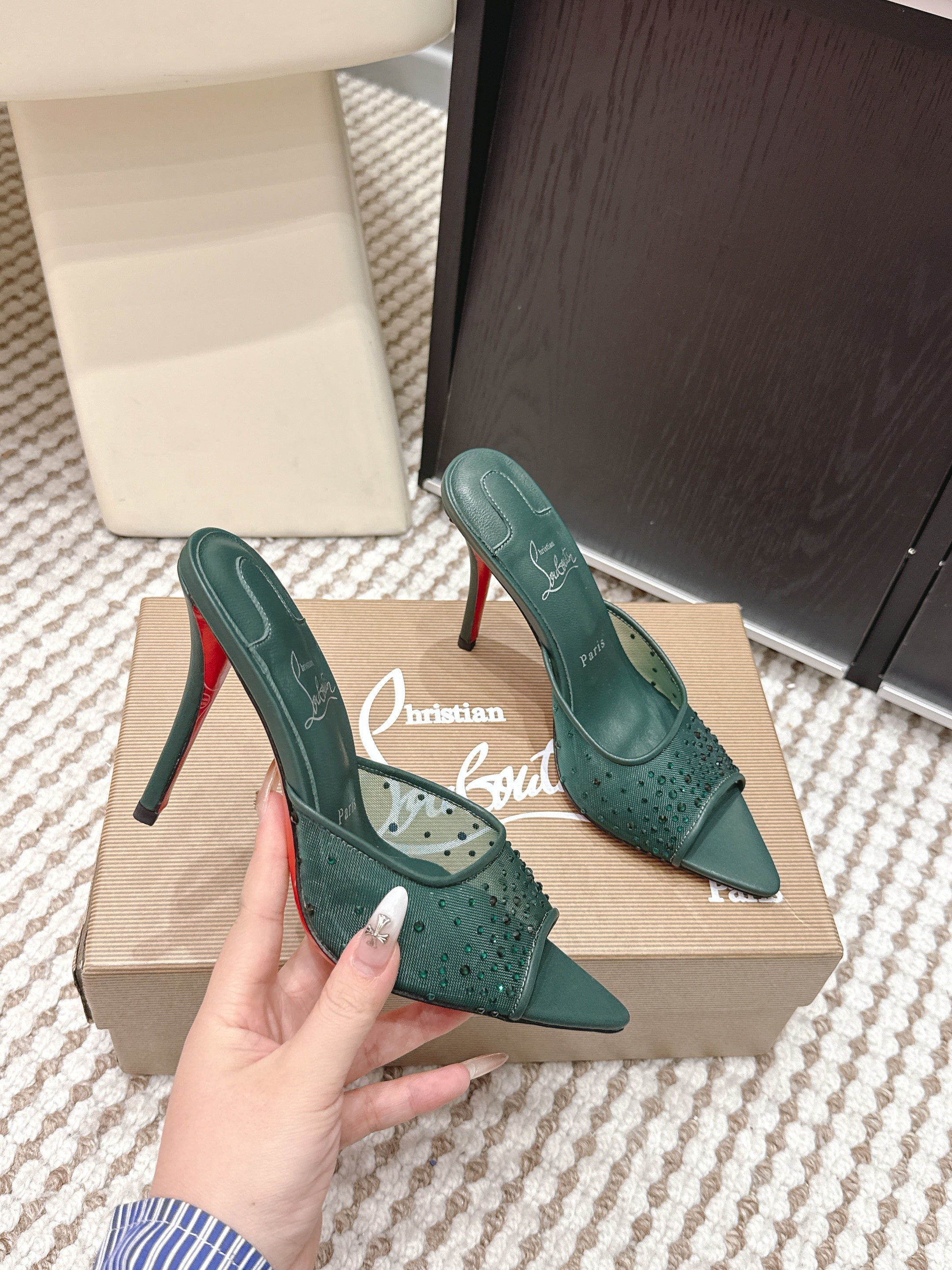 CL 26SS High-Heeled Slippers 100 Emerald Green Mesh Rhinestone Leather 658056
