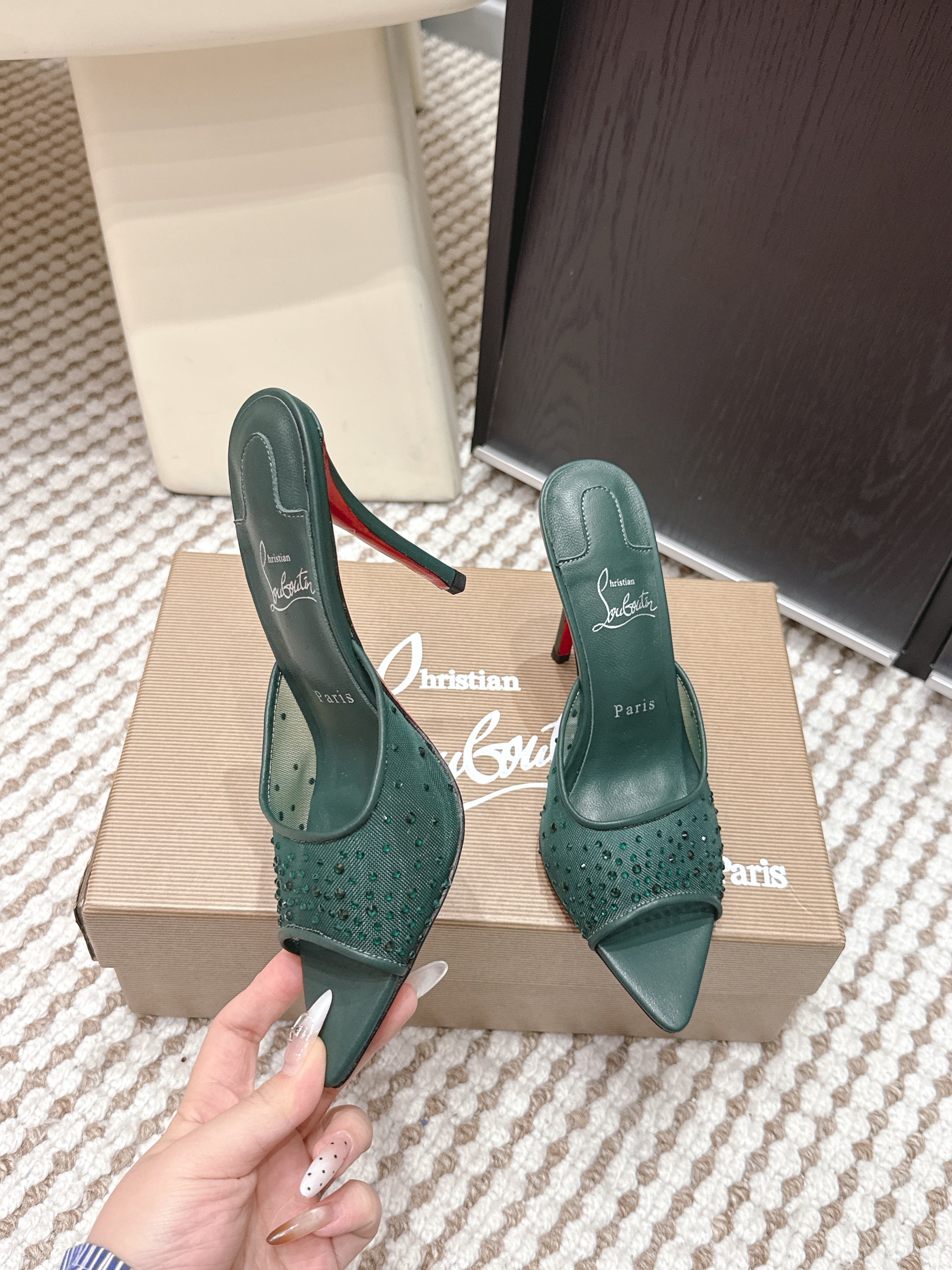 CL 26SS High-Heeled Slippers 100 Emerald Green Mesh Rhinestone Leather 658056