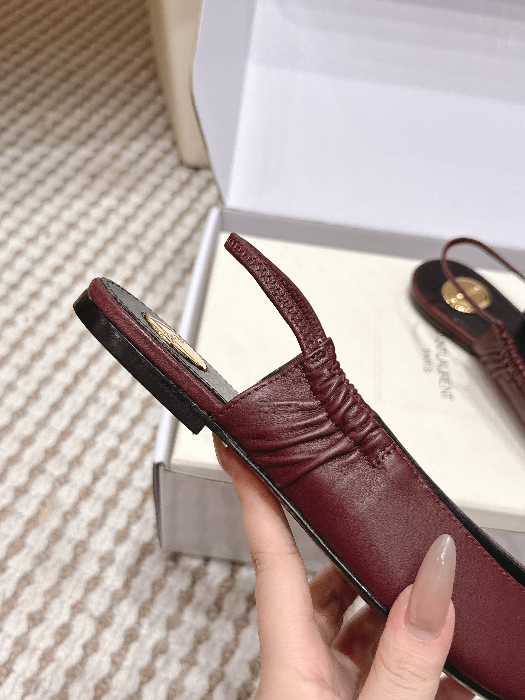 YSL 26ss Flat Slingback Burgundy Sheepskin 654714