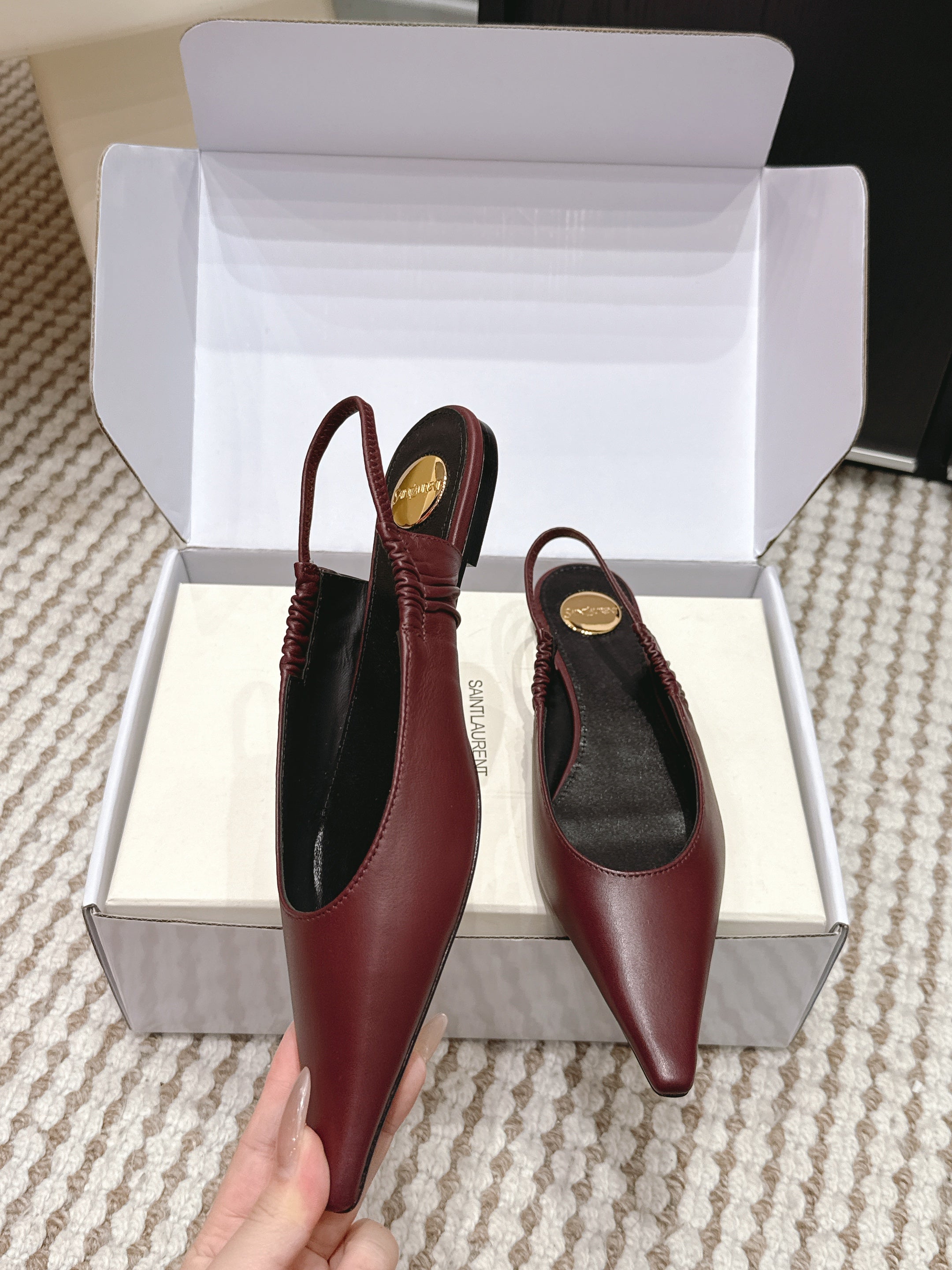 YSL 26ss Flat Slingback Burgundy Sheepskin 654714