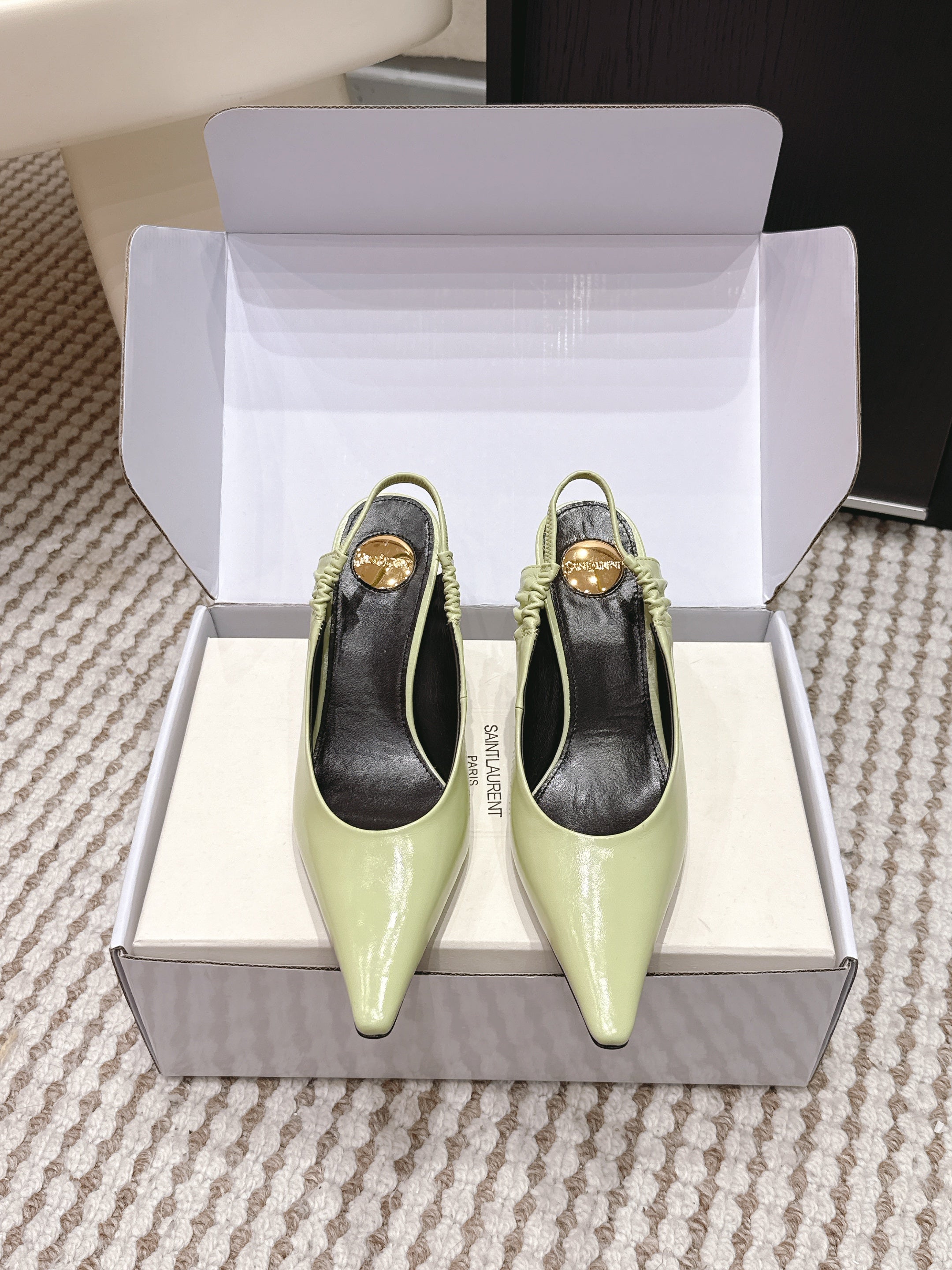 YSL 26ss Slingback 75 Light Green Glossy Leather 654716