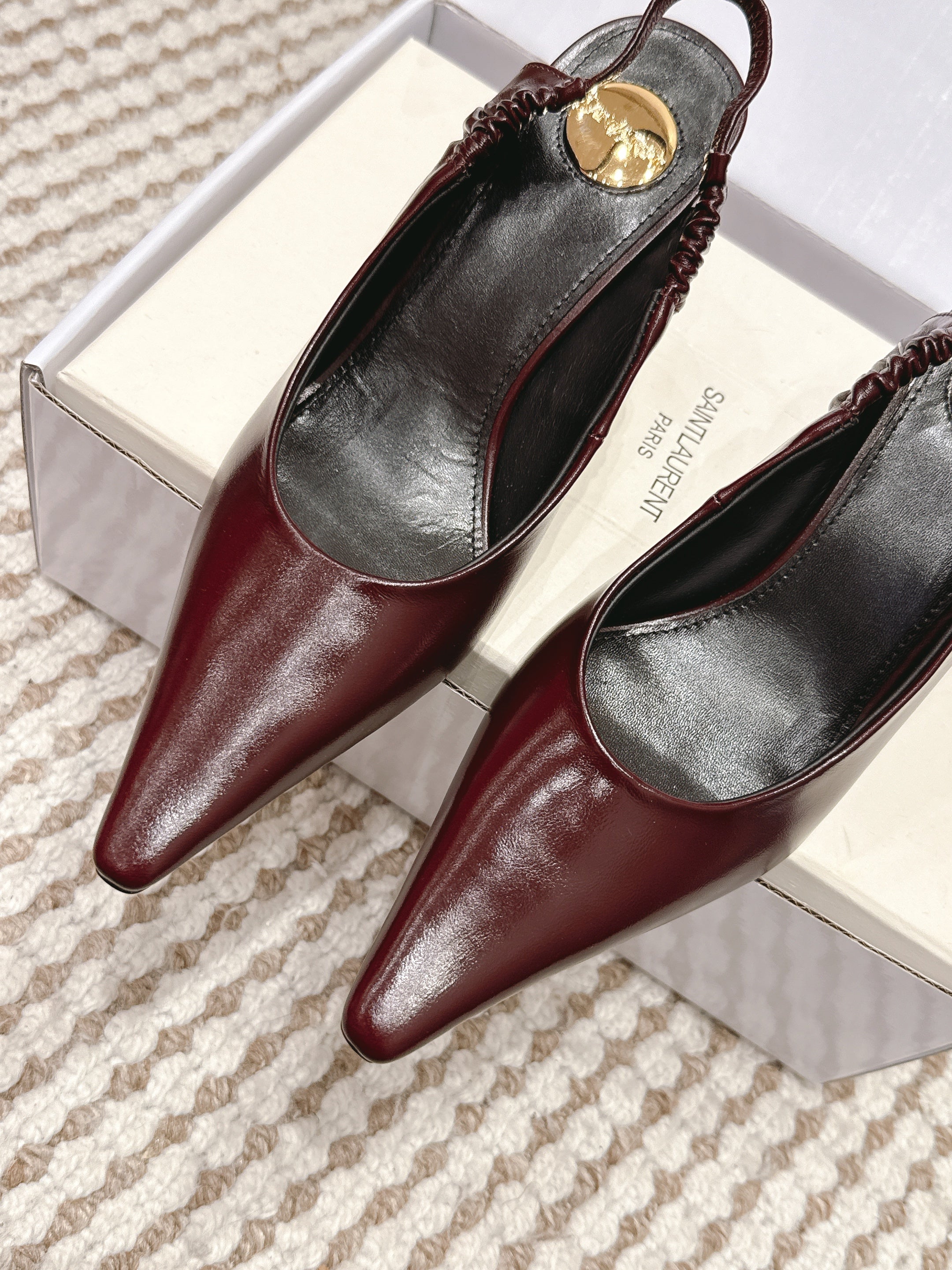 YSL 26ss Slingback 75 Burgundy Glossy Leather  654717