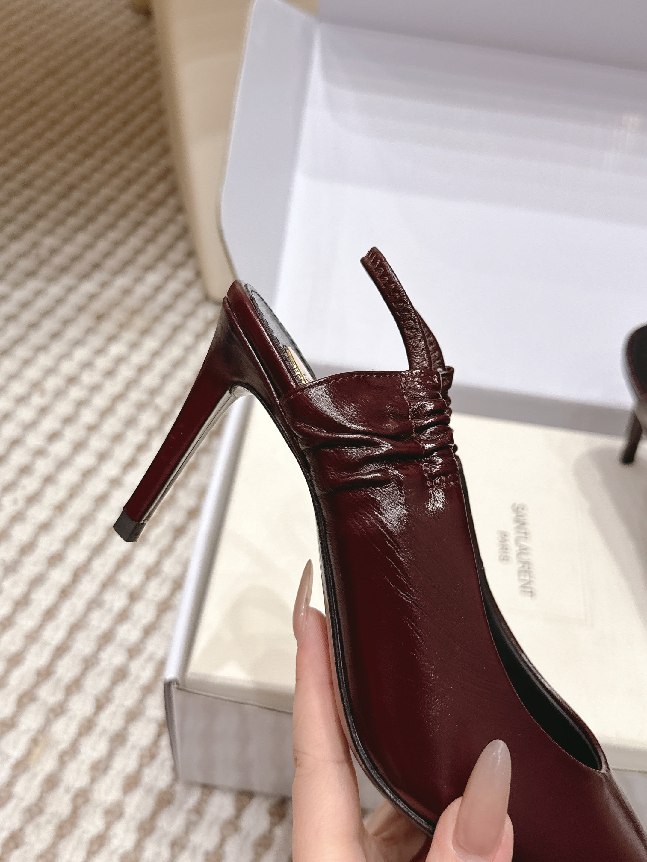 YSL 26ss Slingback 75 Burgundy Glossy Leather  654717