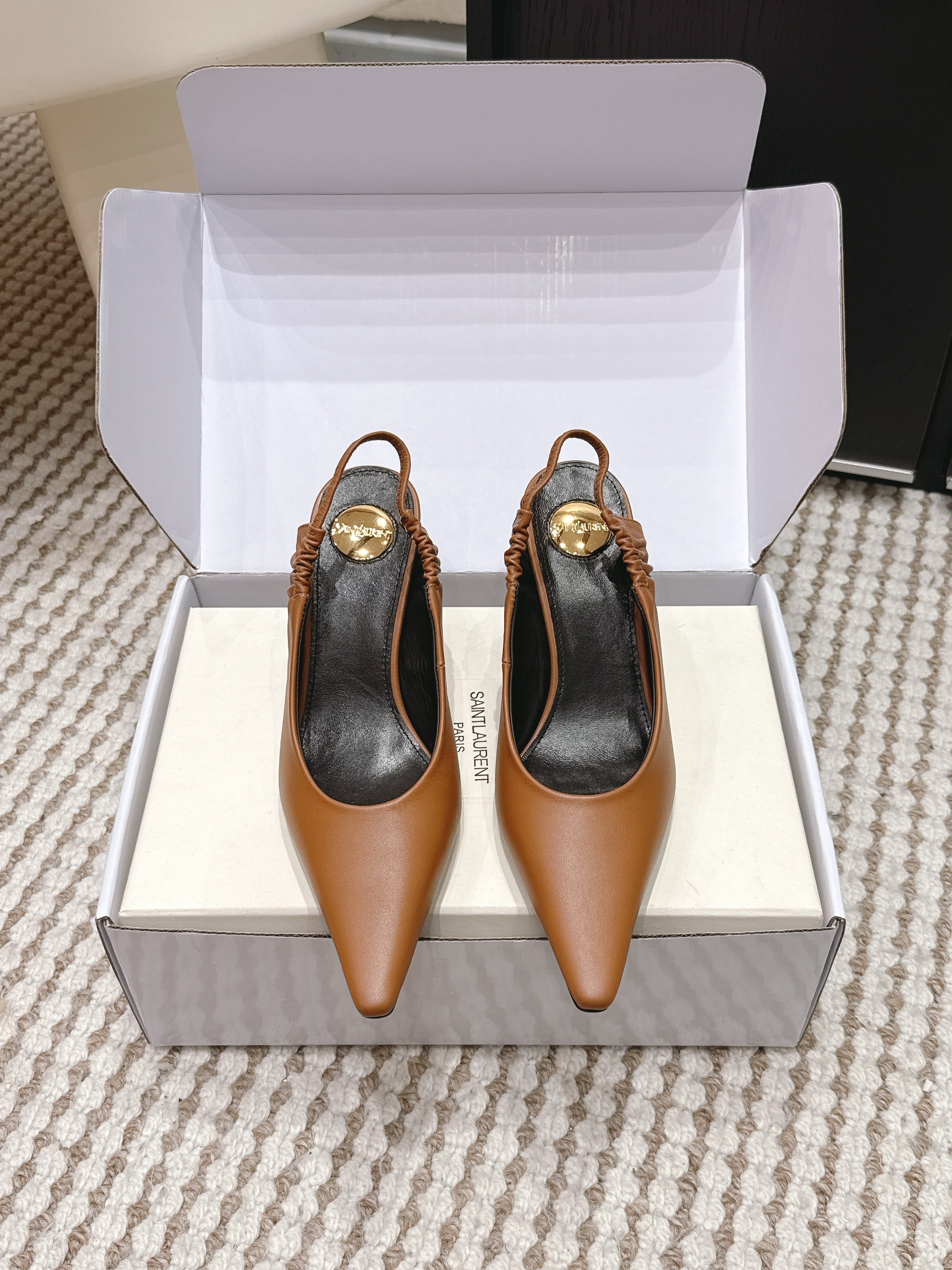 YSL 26ss Slingback 75 Camel Brown Sheepskin 654718
