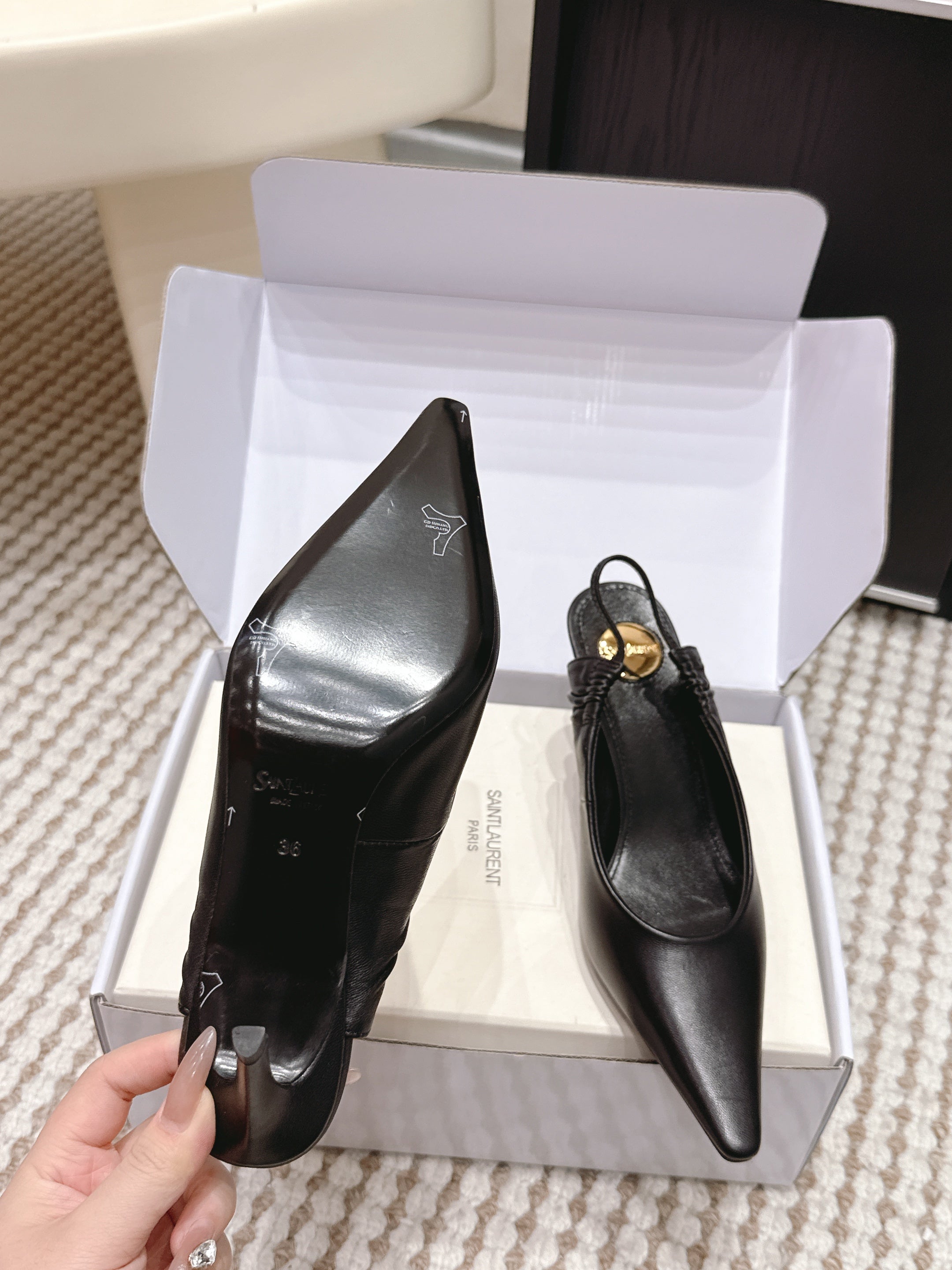 YSL 26ss Slingback 75 Black Sheepskin 654719