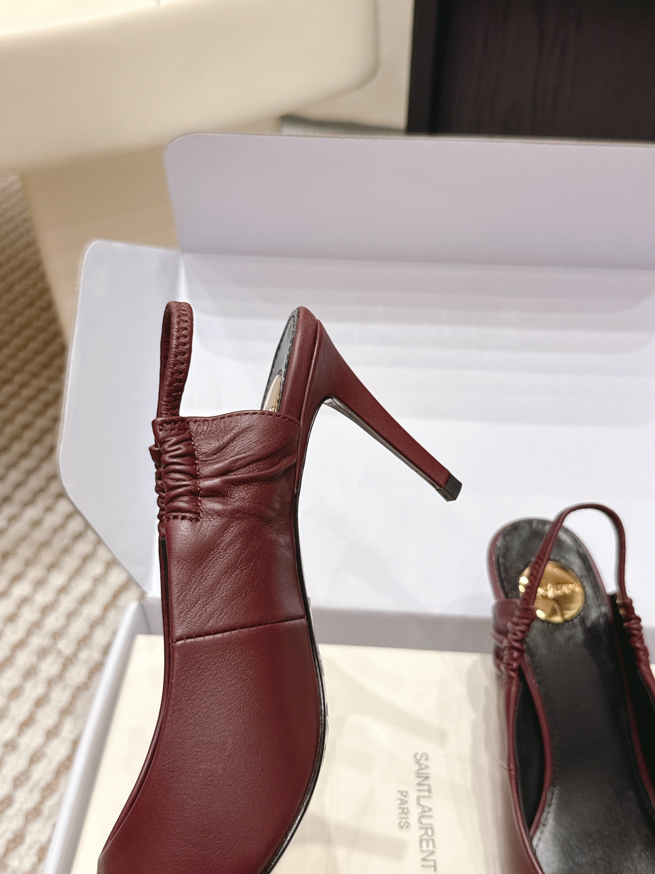 YSL 26ss Slingback 75 Burgundy Sheepskin 654720