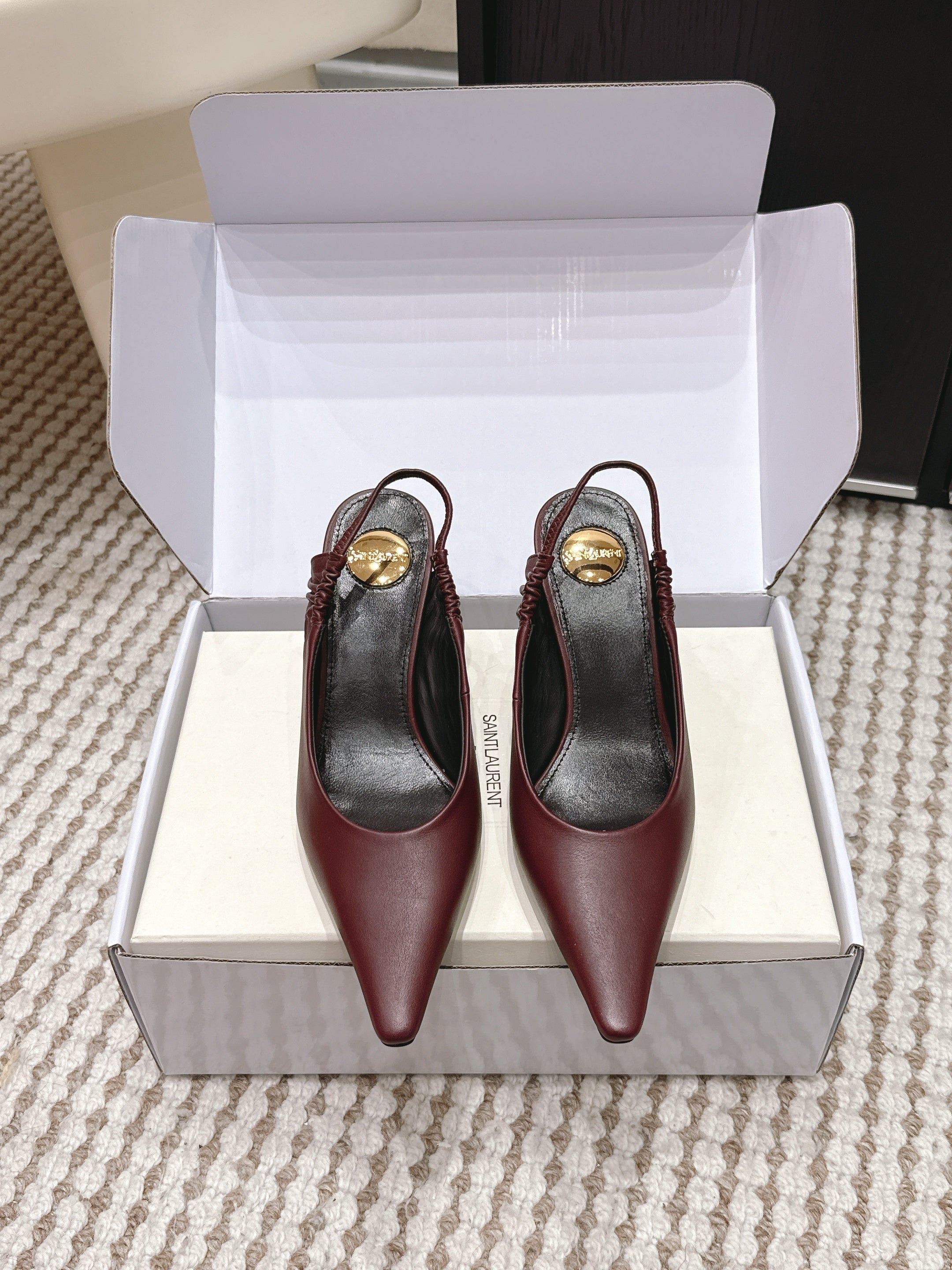 YSL 26ss Slingback 75 Burgundy Sheepskin 654720
