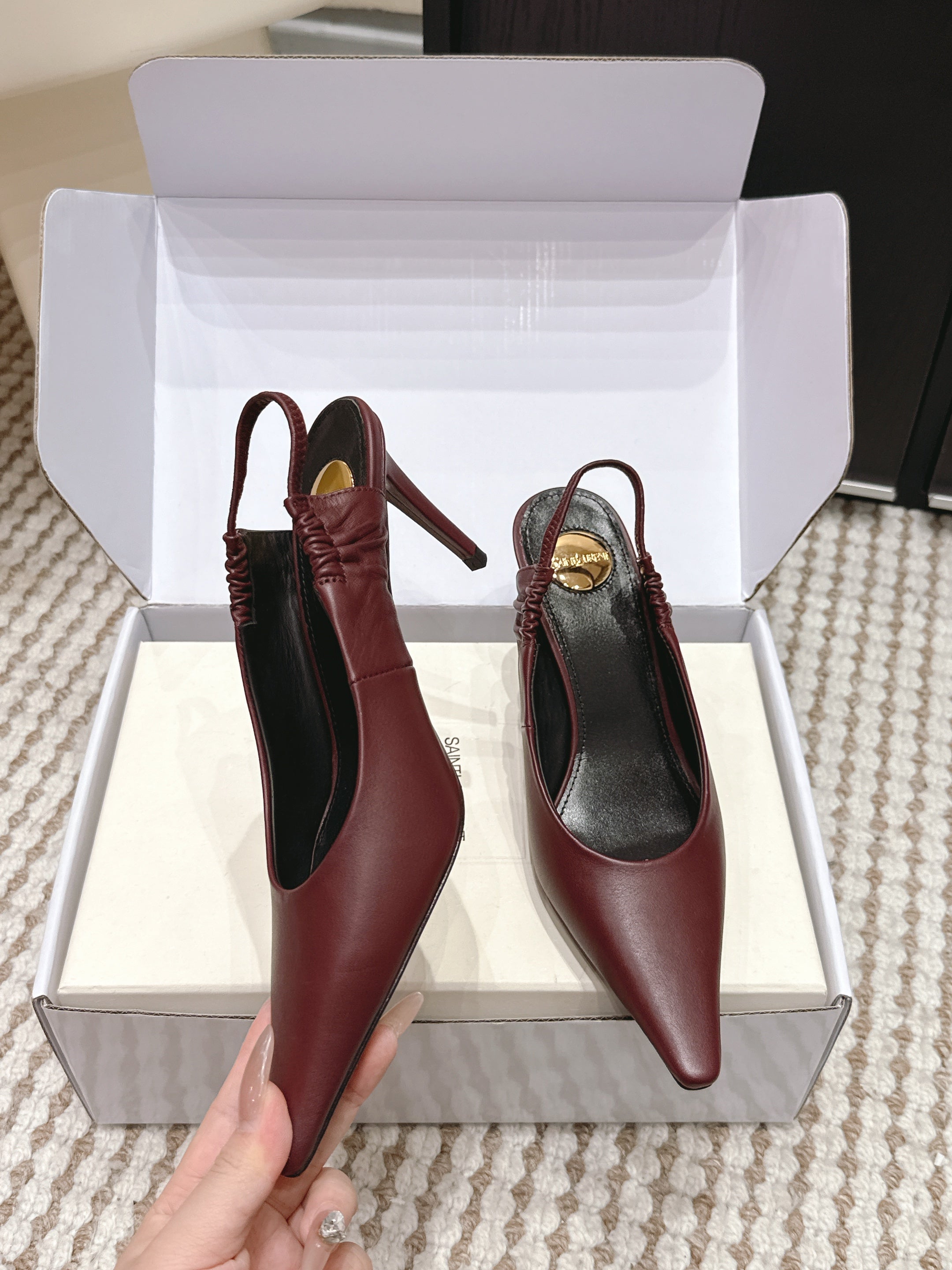 YSL 26ss Slingback 75 Burgundy Sheepskin 654720