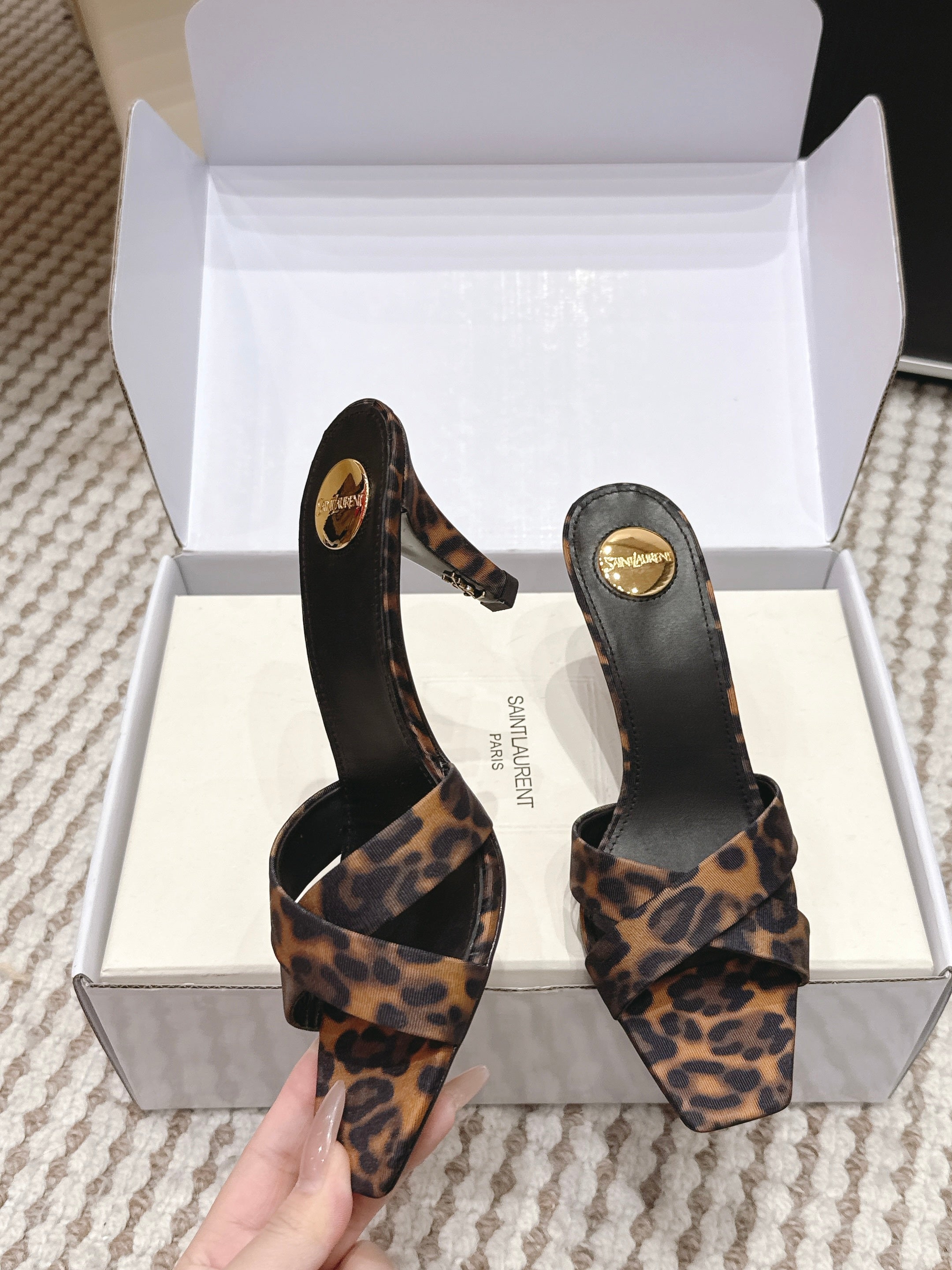 YSL 26ss High-Heeled Mules 75 Leopard Print Fabric Leather 660664