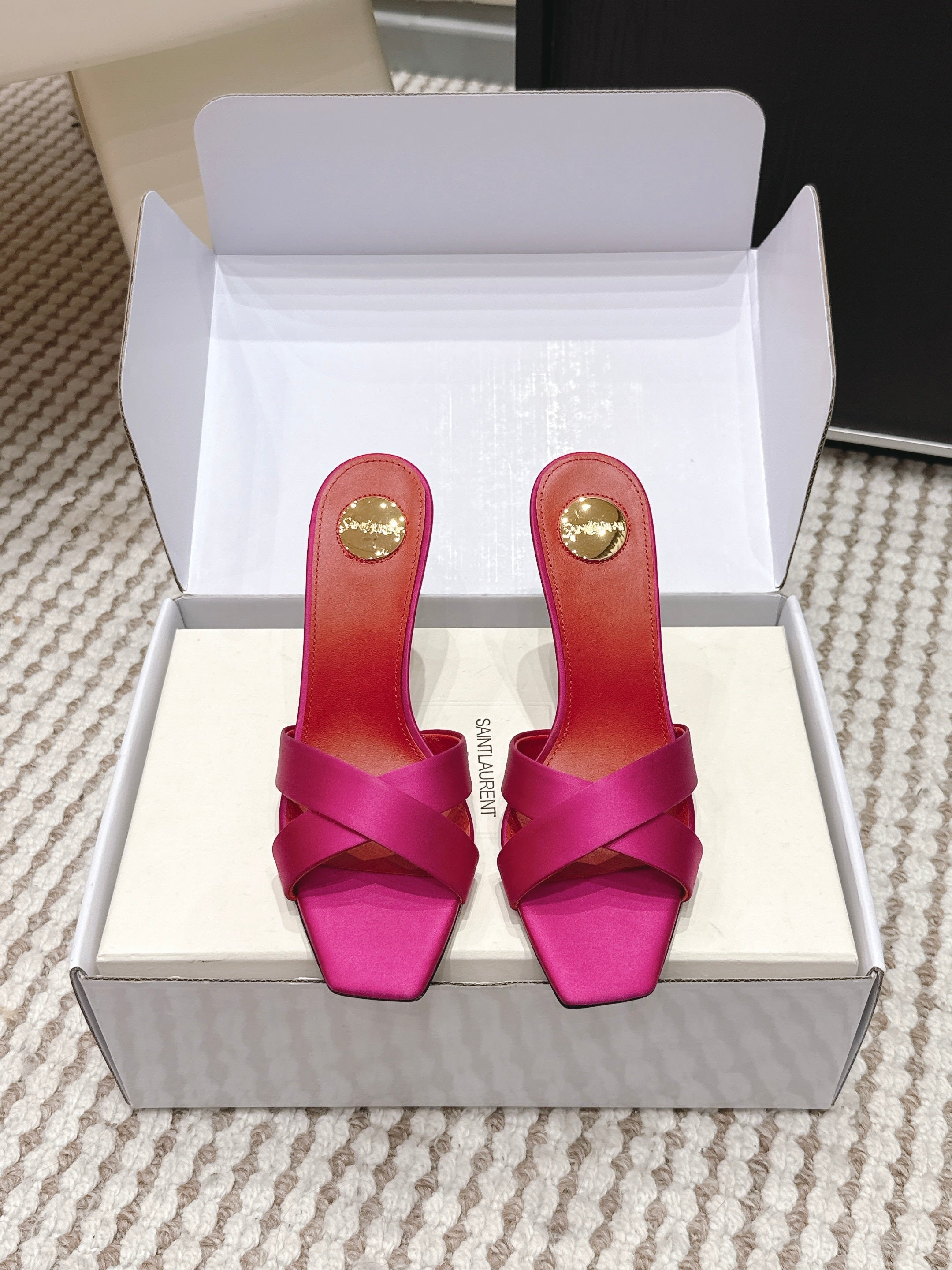 YSL 26ss High-Heeled Mules 85 Pink Red Satin Leather 660673