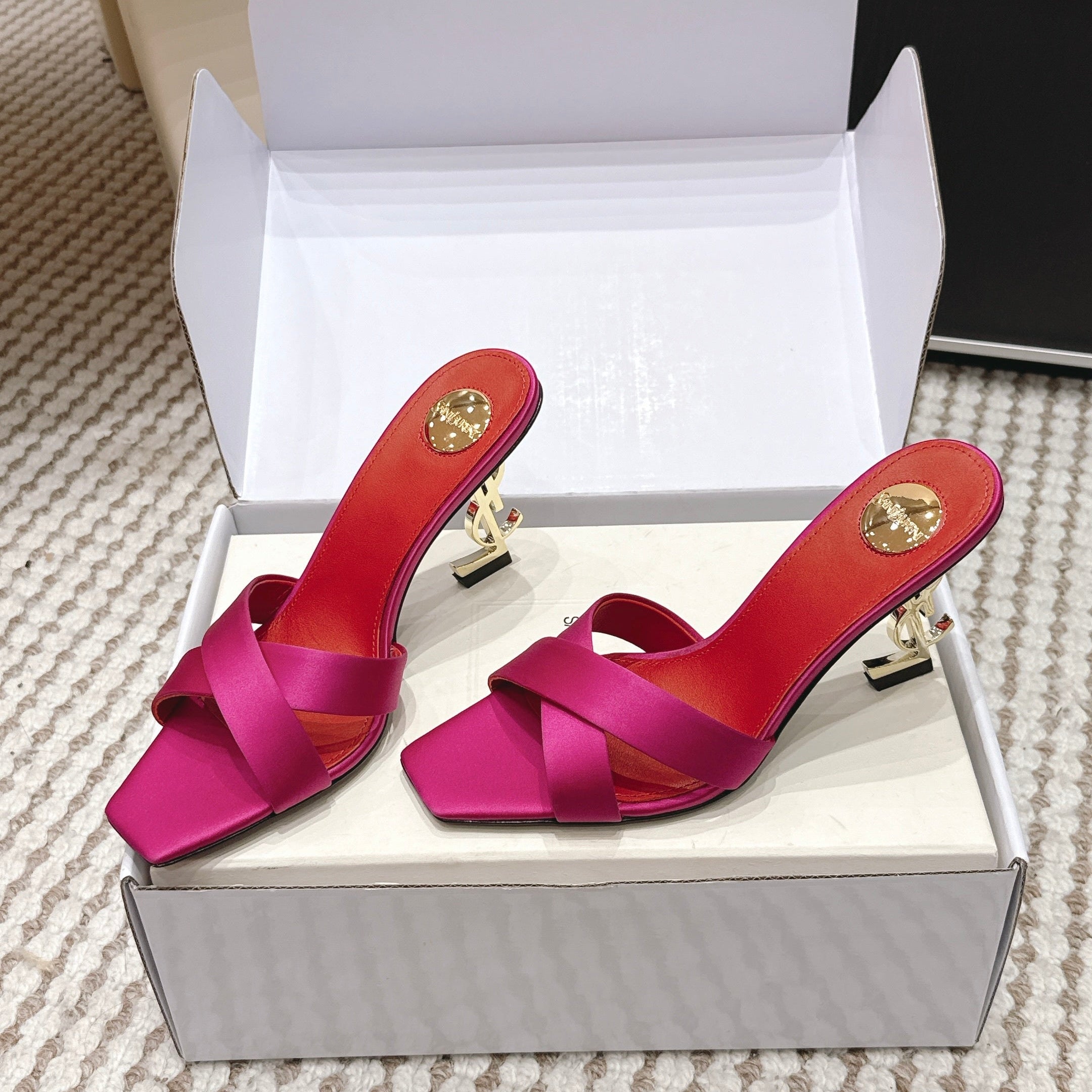 YSL 26ss High-Heeled Mules 85 Pink Red Satin Leather 660673