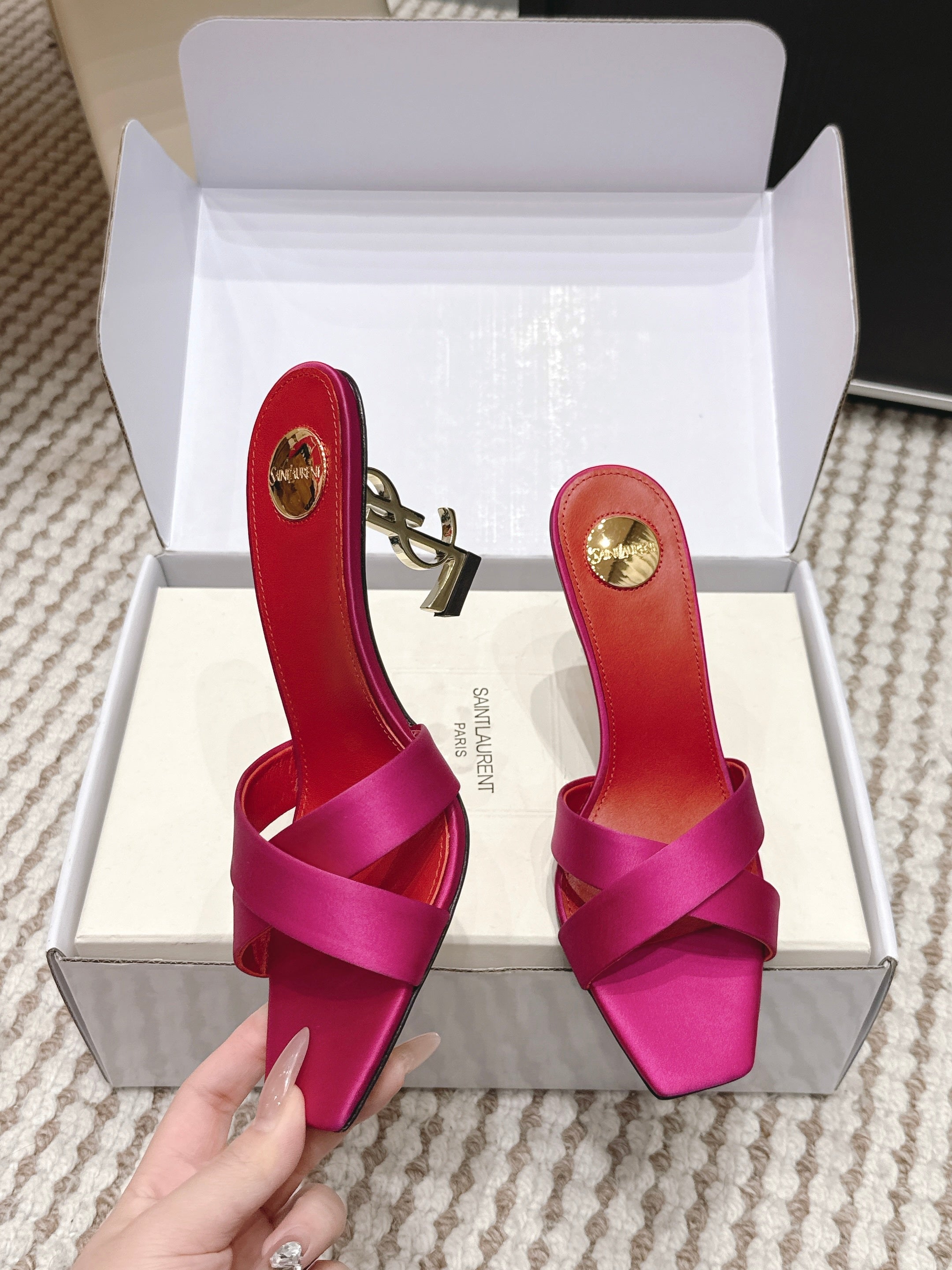 YSL 26ss High-Heeled Mules 85 Pink Red Satin Leather 660673