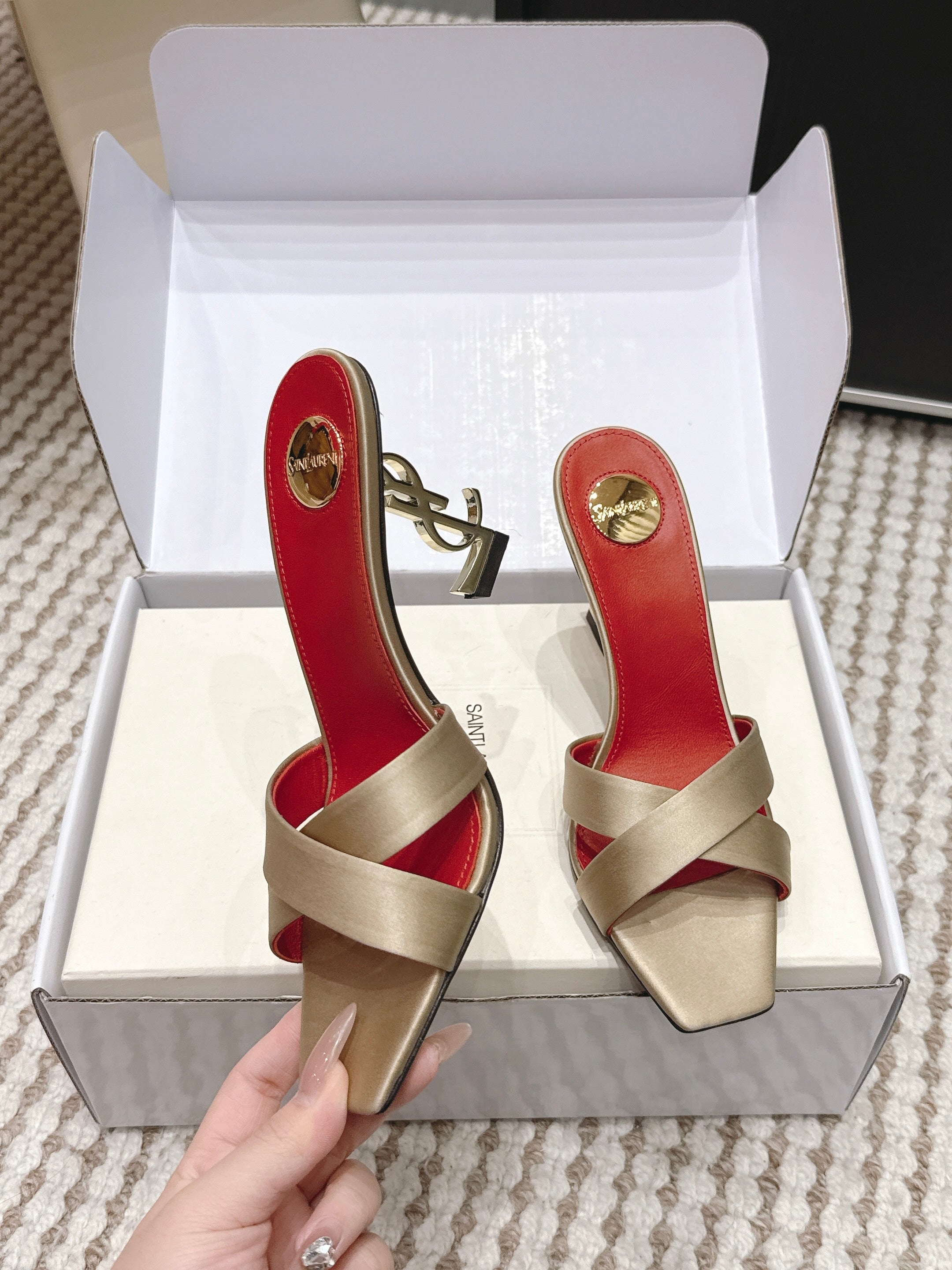 YSL 26ss High-Heeled Mules 85 Gold Champage Red Satin Leather 660674