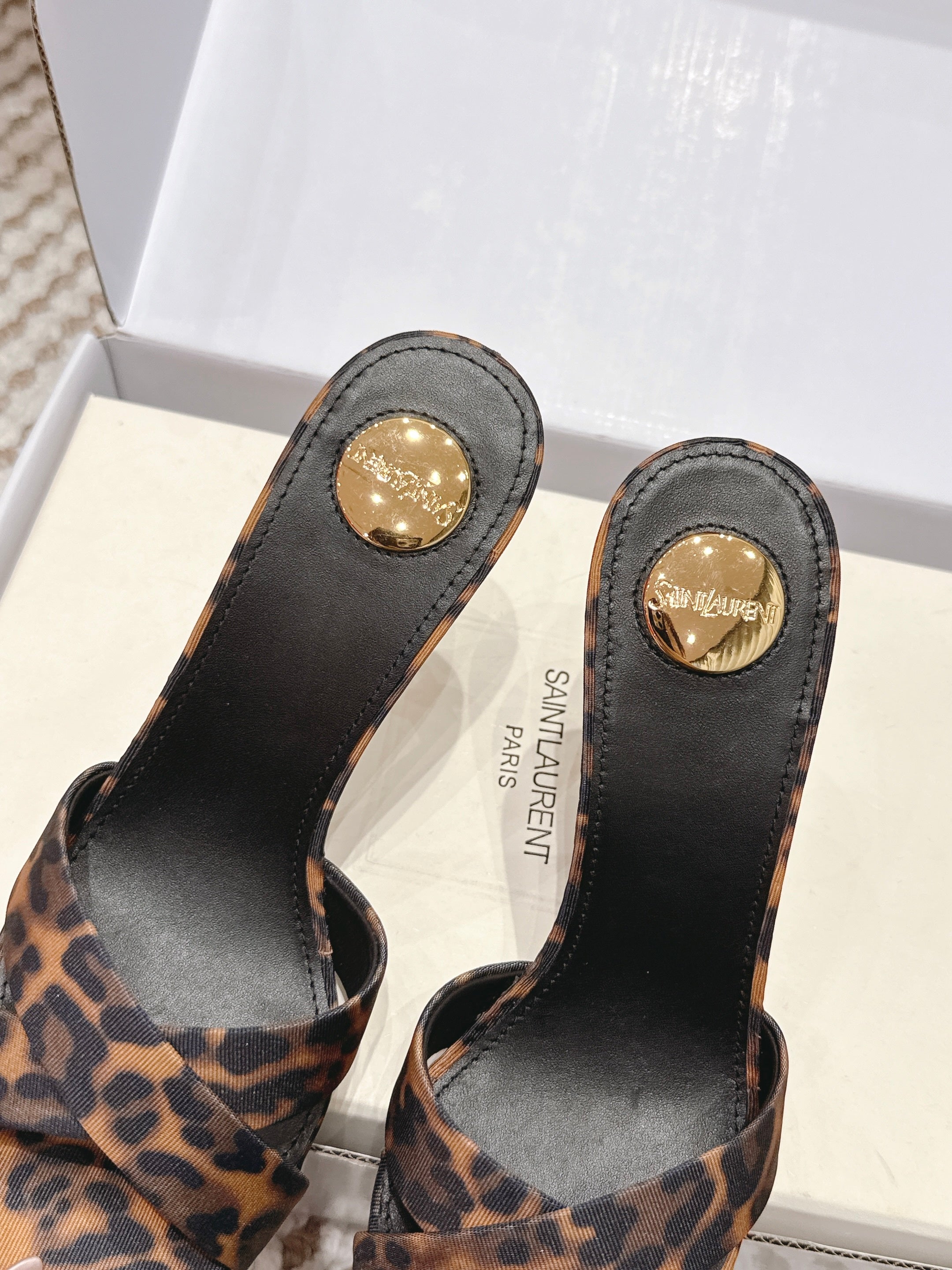 YSL 26ss High-Heeled Mules 85 Leopard Print Fabric Leather 660675