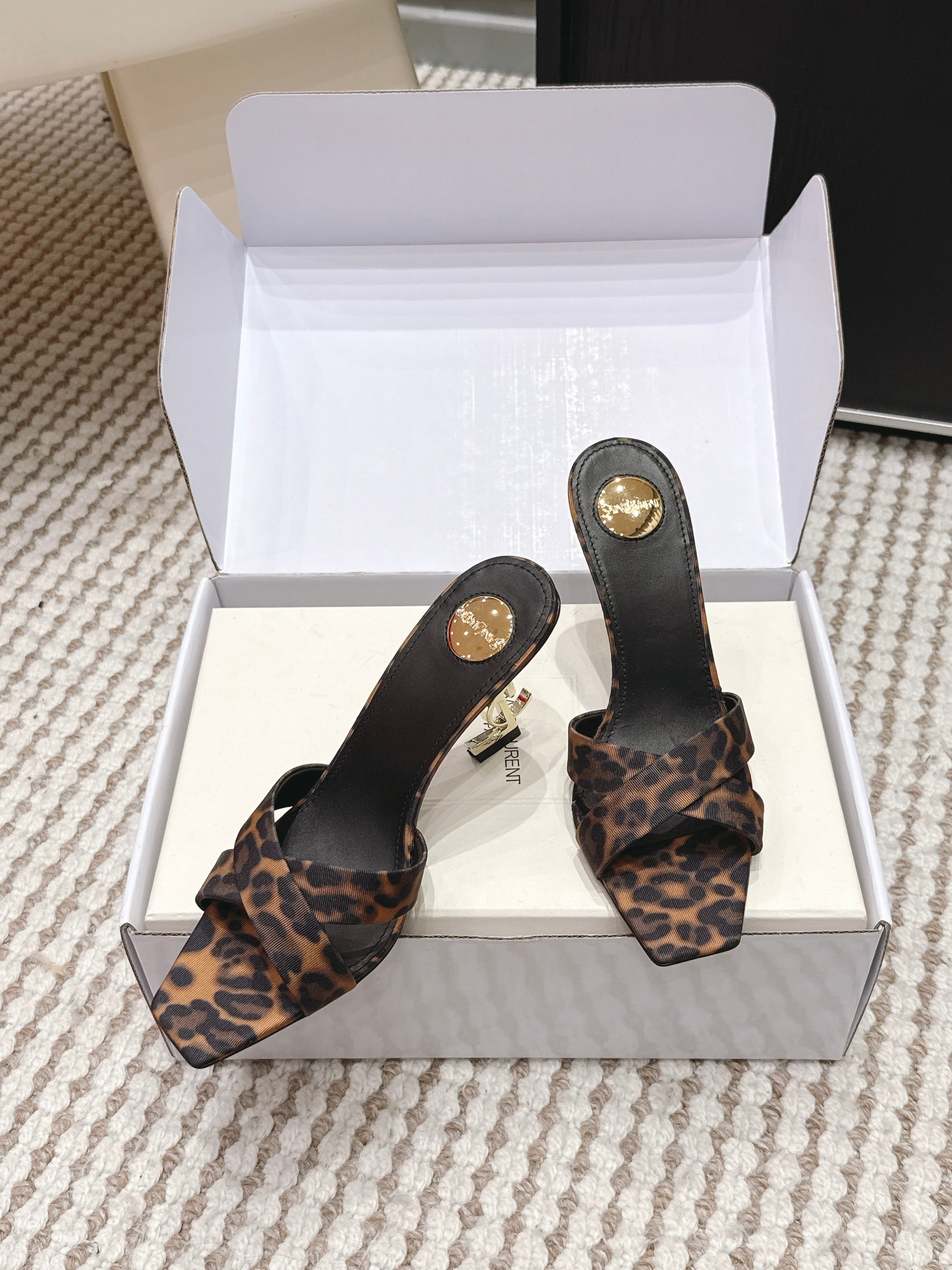 YSL 26ss High-Heeled Mules 85 Leopard Print Fabric Leather 660675