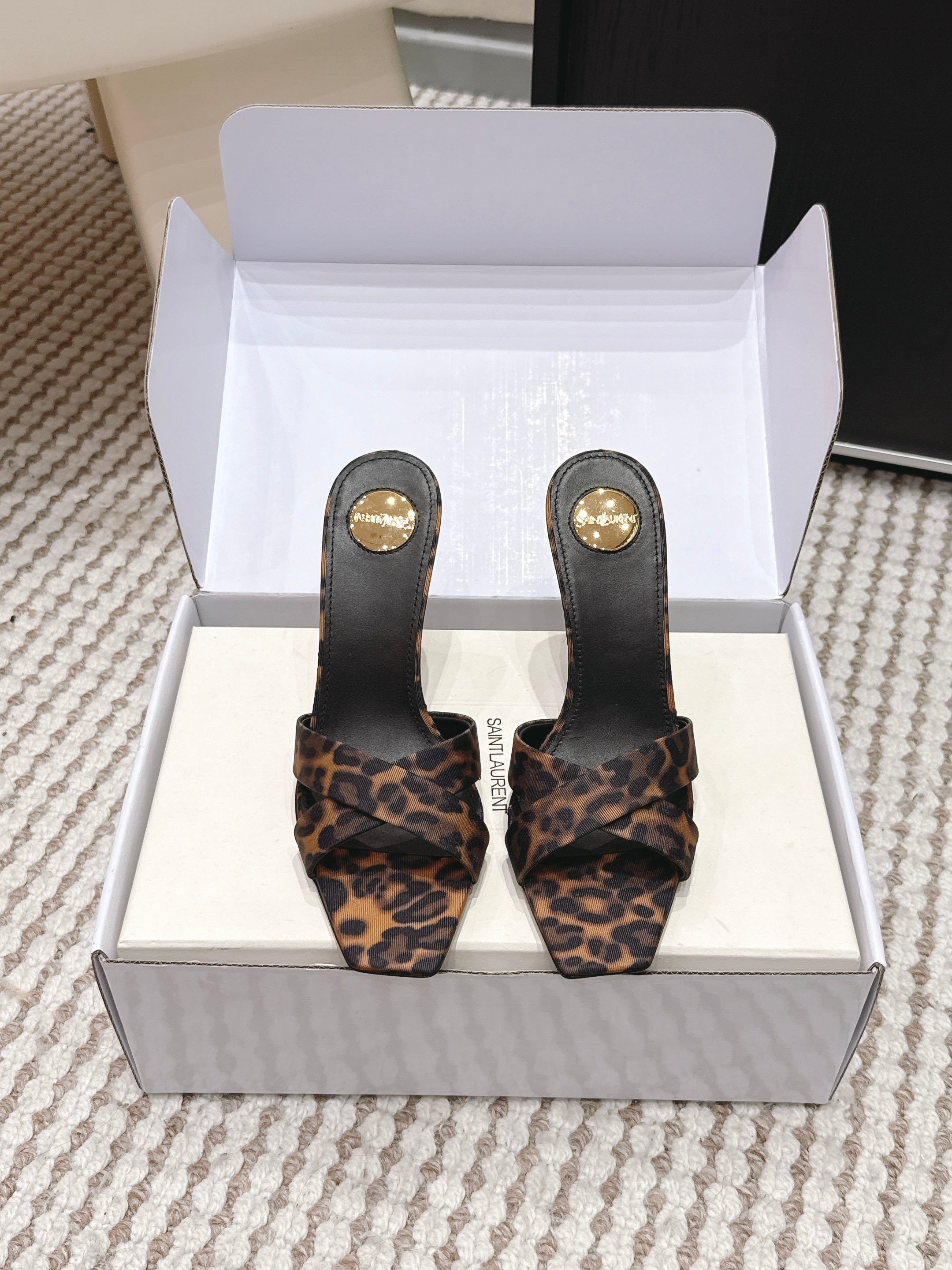 YSL 26ss High-Heeled Mules 85 Leopard Print Fabric Leather 660675
