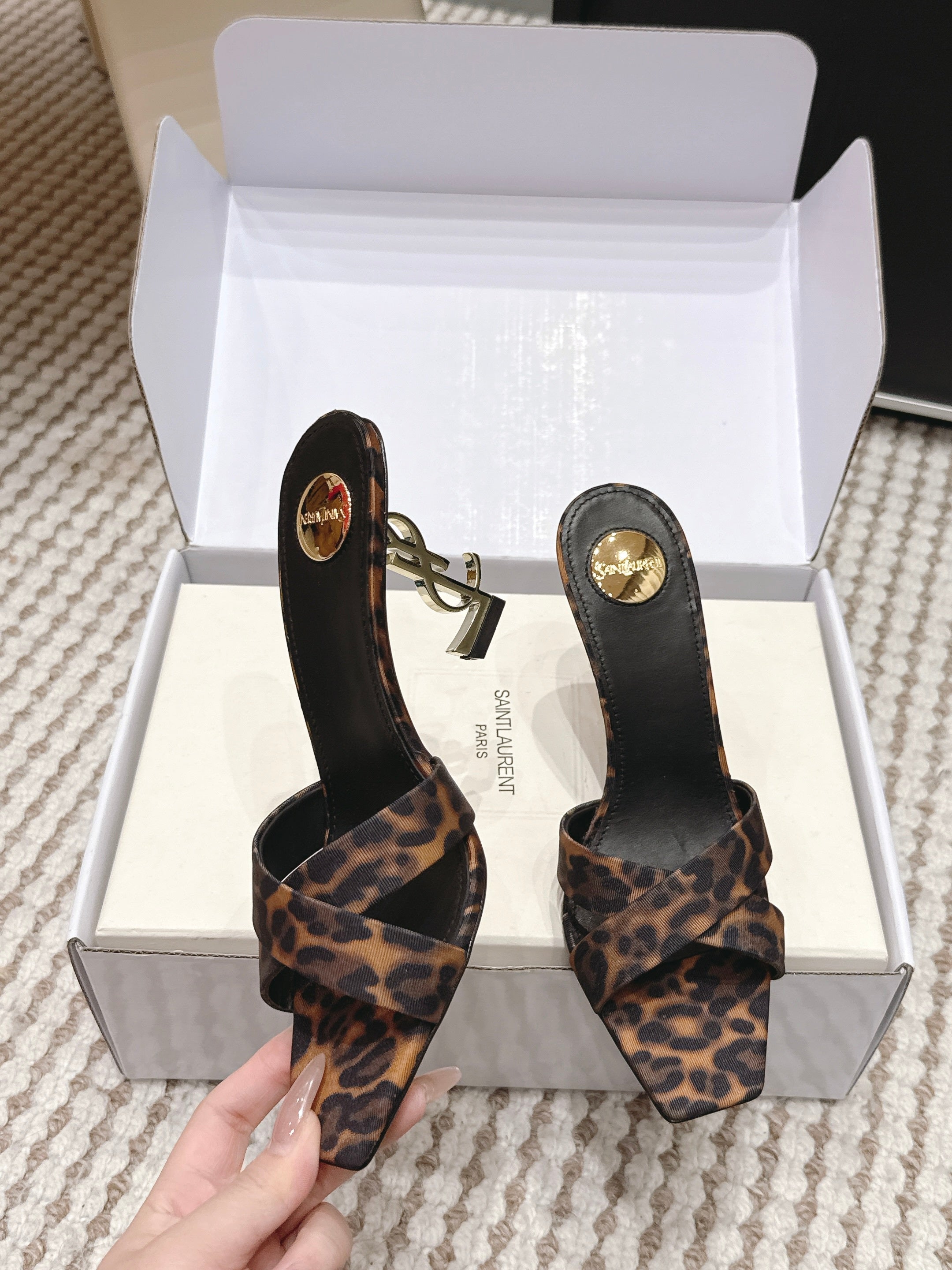 YSL 26ss High-Heeled Mules 85 Leopard Print Fabric Leather 660675