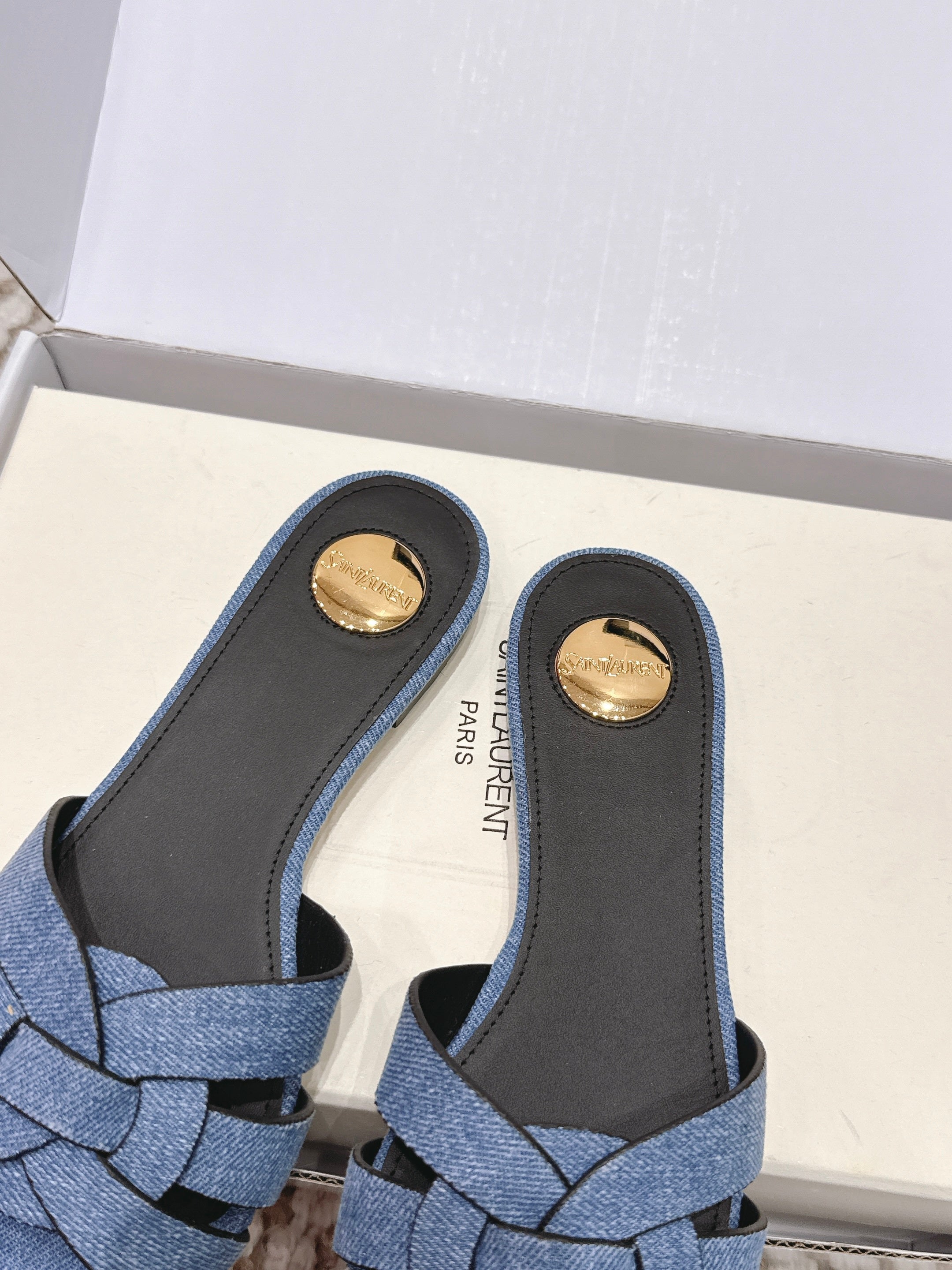 YSL 26ss  Flat Slippers Blue Denim Leather 654727