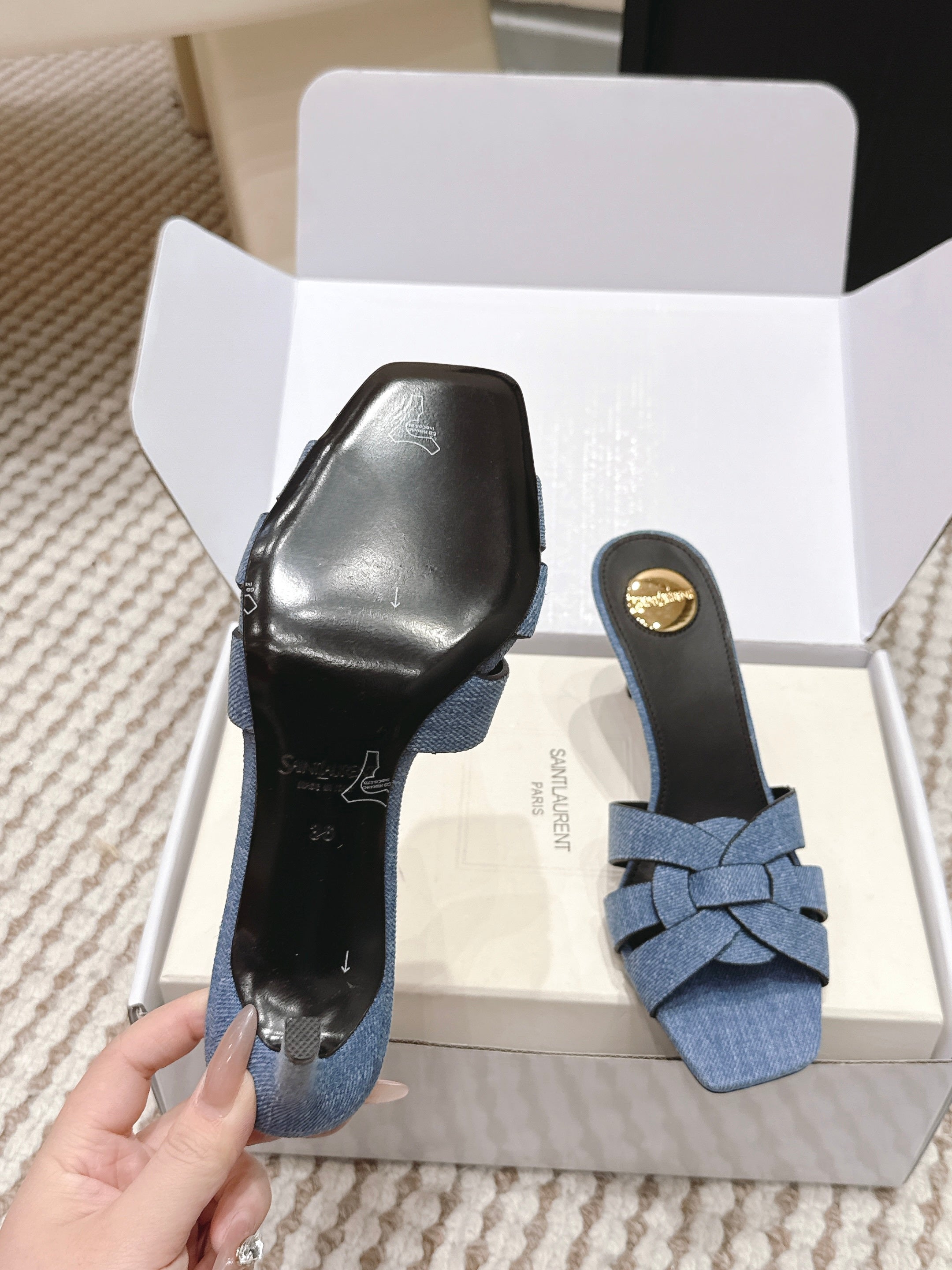YSL 26ss High-Heeled Slippers 75 Blue Black Denim Calfskin 654747