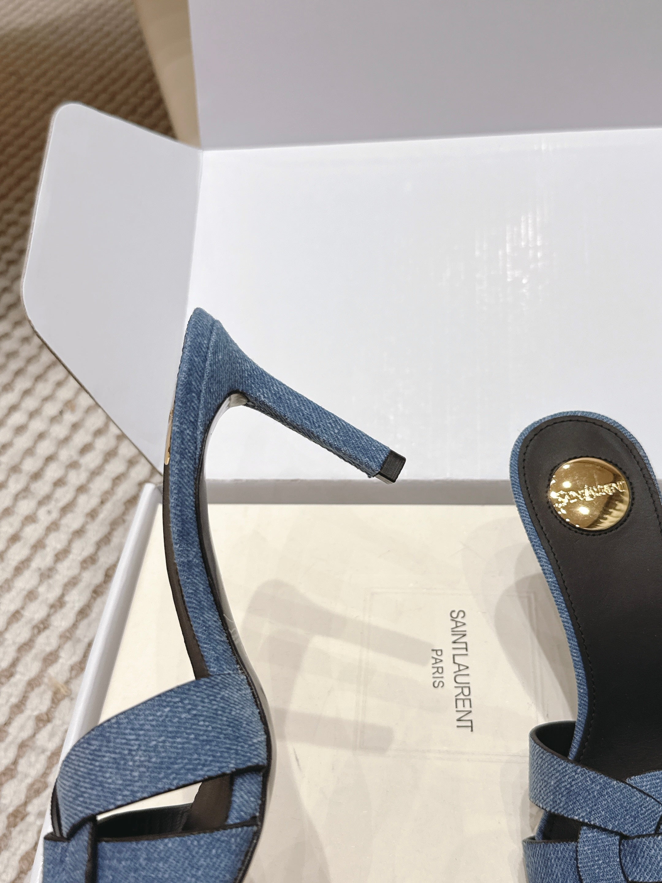 YSL 26ss High-Heeled Slippers 75 Blue Black Denim Calfskin 654747