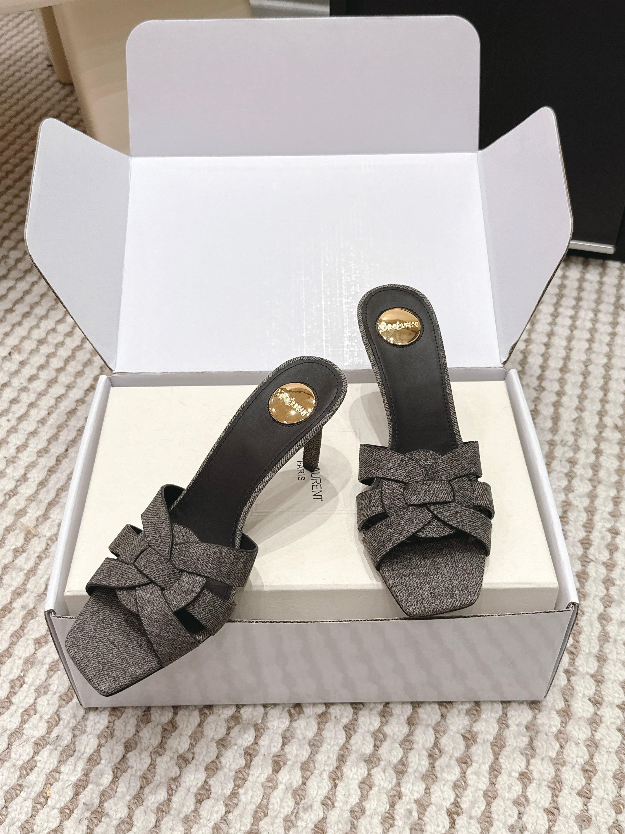YSL 26ss High-Heeled Slippers 75  Dark Gray Canvas Calfskin 654748
